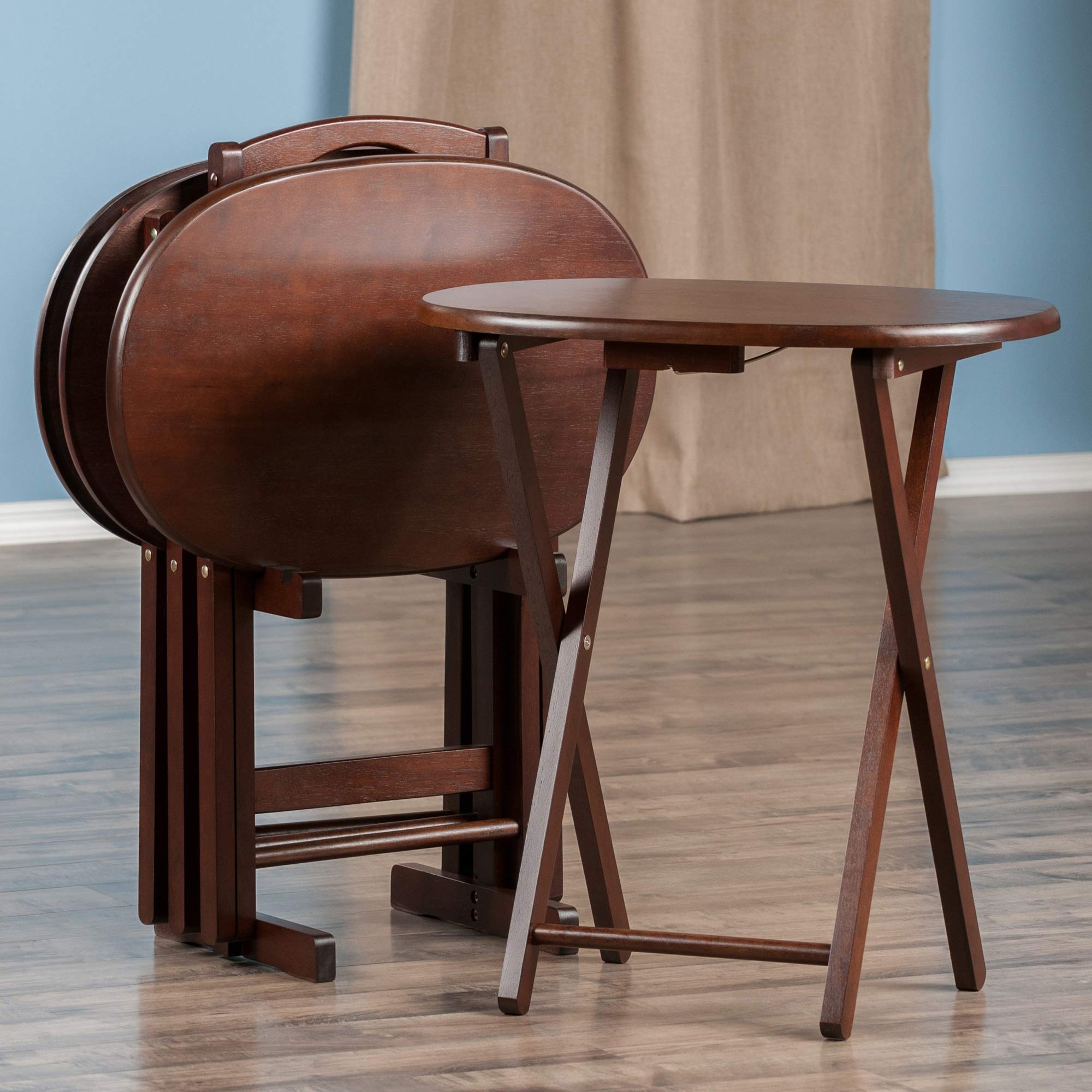 Ergode Wood Nathan 5-Piece Snack Table Set - Versatile and Stylish, Solid Wood, Cappuccino Finish, Foldable Tables with Storage Rack