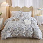 3 Pieces Duvet Cover Queen Size White Duvet Cover with Blue Floral Print,Soft Cotton Comforter Cover Boho Style,Aesthetic Queen 