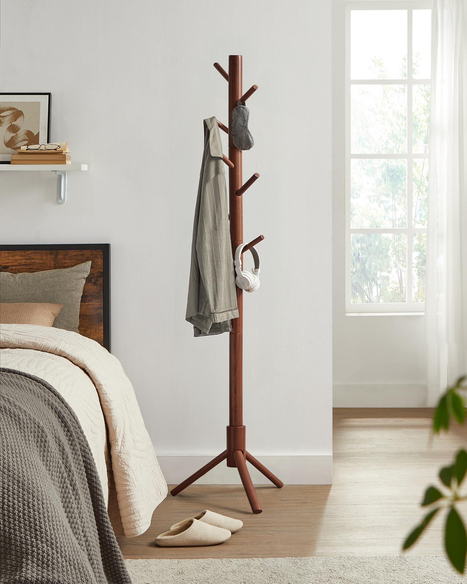 Vasagle Solid Wood Coat Rack, Free Standing Coat Rack, Tree-Shaped Coat Rack With 8 Hooks, 3 Height Options, For Clothes, Hats, Bags, For Living Room, Bedroom, Home Office, Dark Walnut Urcr04Wn