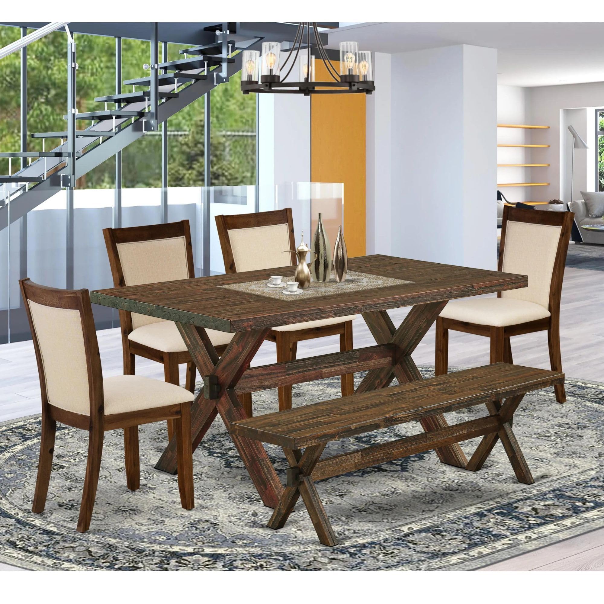 East West Furniture X776Mzn32-6 6 Piece Dinette Set Contains A Rectangle Dining Table With X-Legs And 4 Light Beige Linen Fabric Parson Chairs With A Bench, 36X60 Inch, Multi-Color