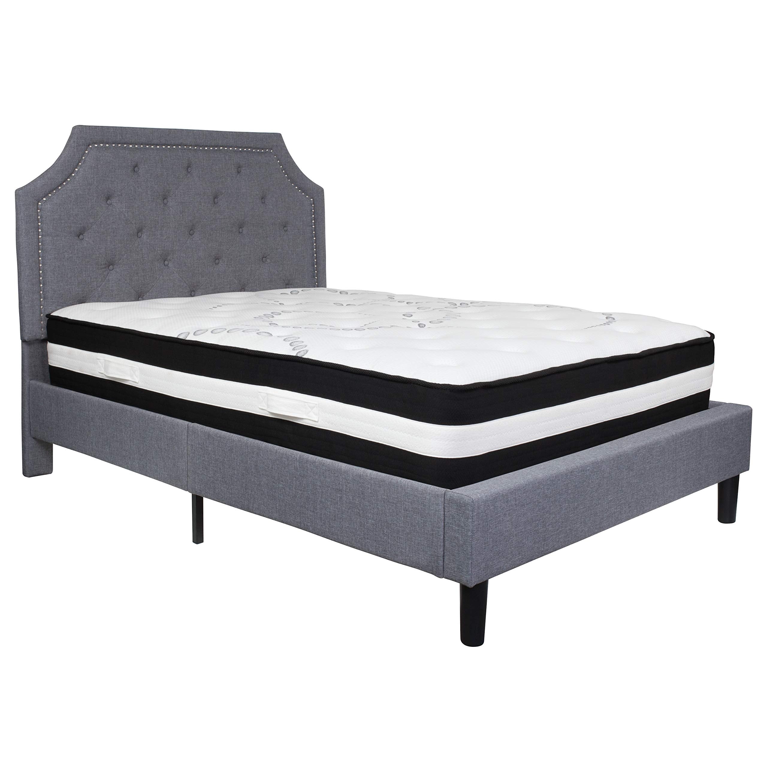 Flash Furniture Brighton Full Size Tufted Upholstered Platform Bed In Light Gray Fabric With Pocket Spring Mattress
