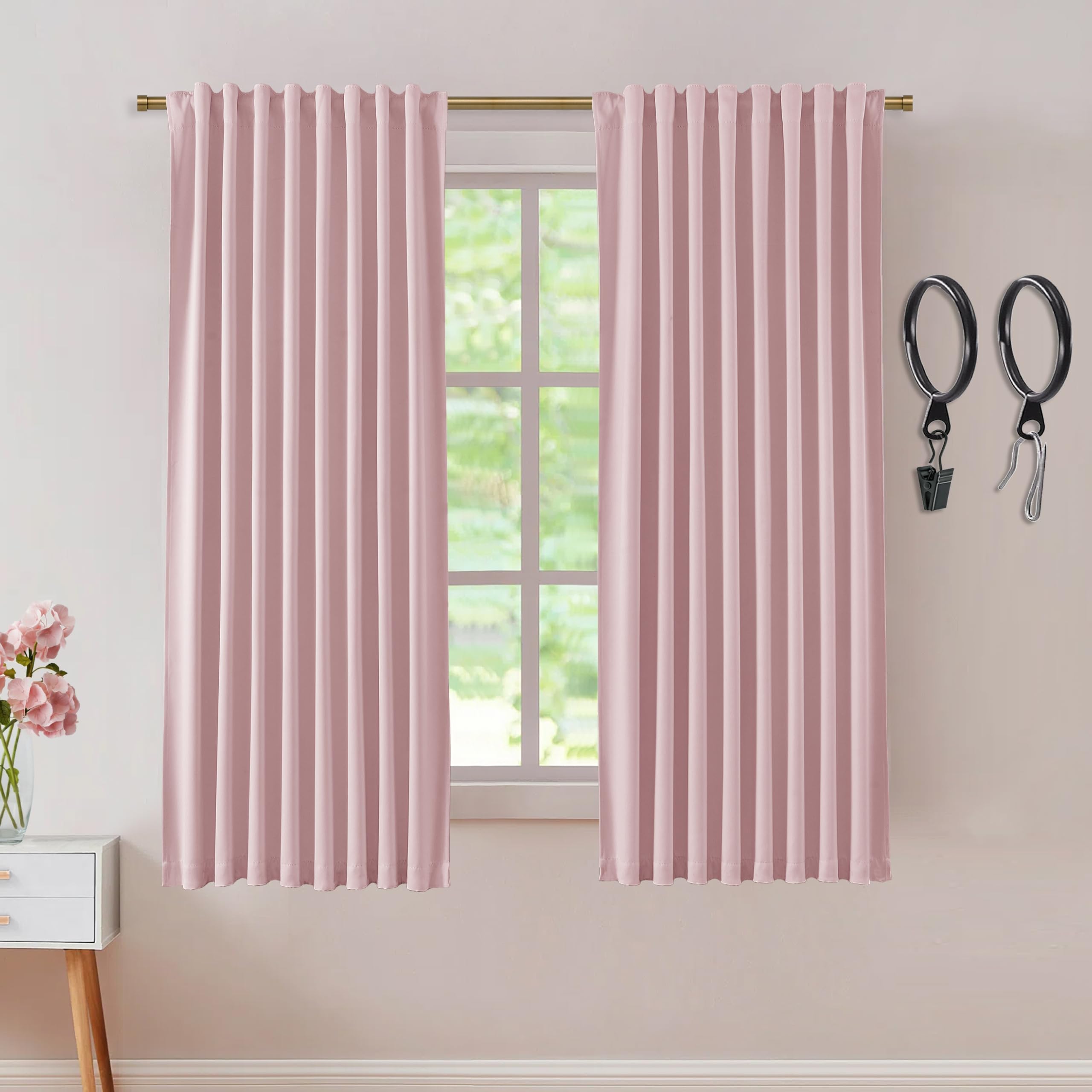 SHINELAND Nursery Curtains for Girls Room,Black Out Back Tab Rod Pocket Hooks Pleat Preppy Pink Blackout Curtains 2 Panels 63 In