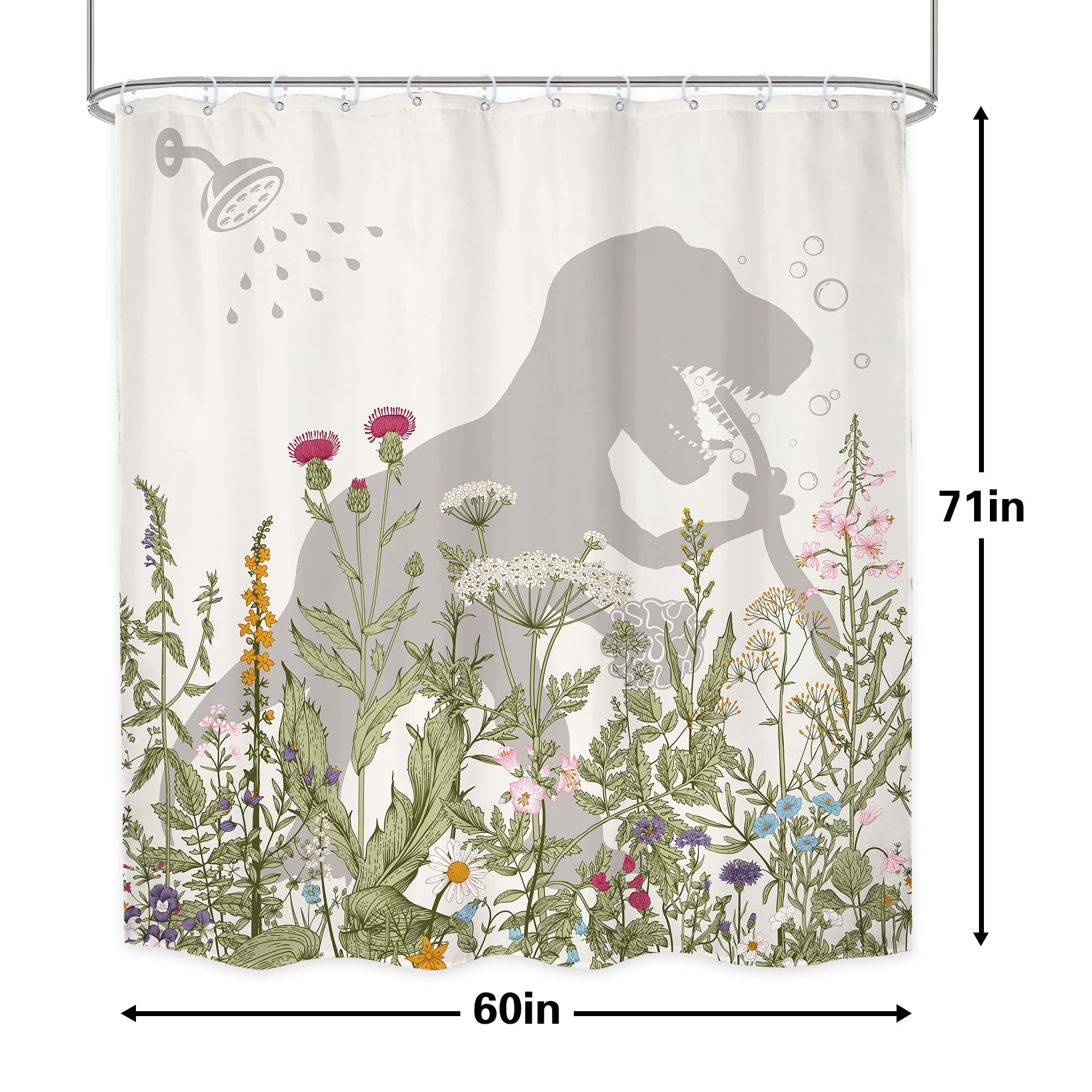 Lghtyro Dinosaur Wildflower Kids Shower Curtain Bathroom Set 60Wx71H Inches Funny Dino Silhouette Floral Rustic Plant Leaves Bot