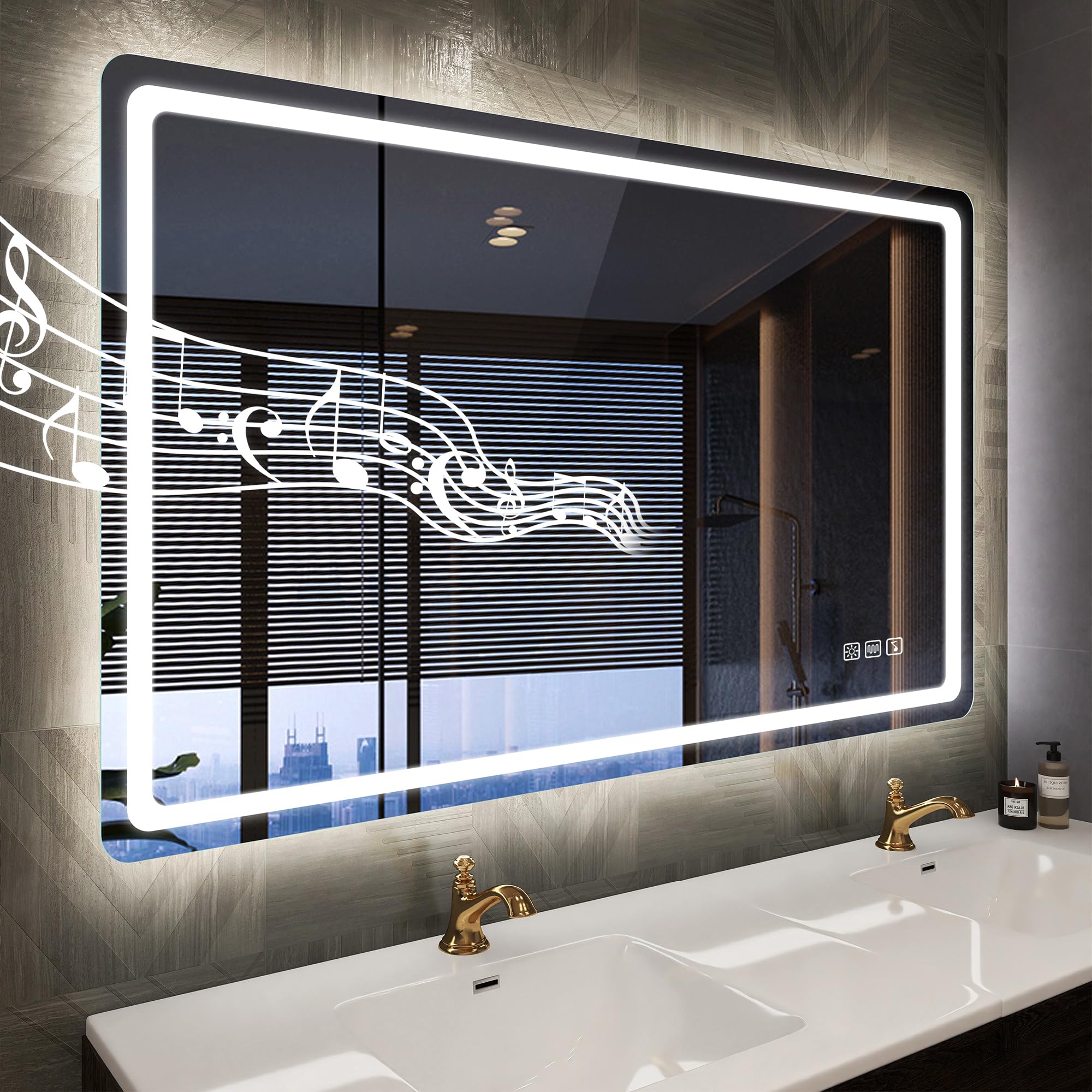 Led-Bathroom-Mirror-with-Lights, 40x28 Wall-Mounted with 3 Colors Dimmable Light, Bluetooth Speaker, Anti-Fog, Memory, Tempered 