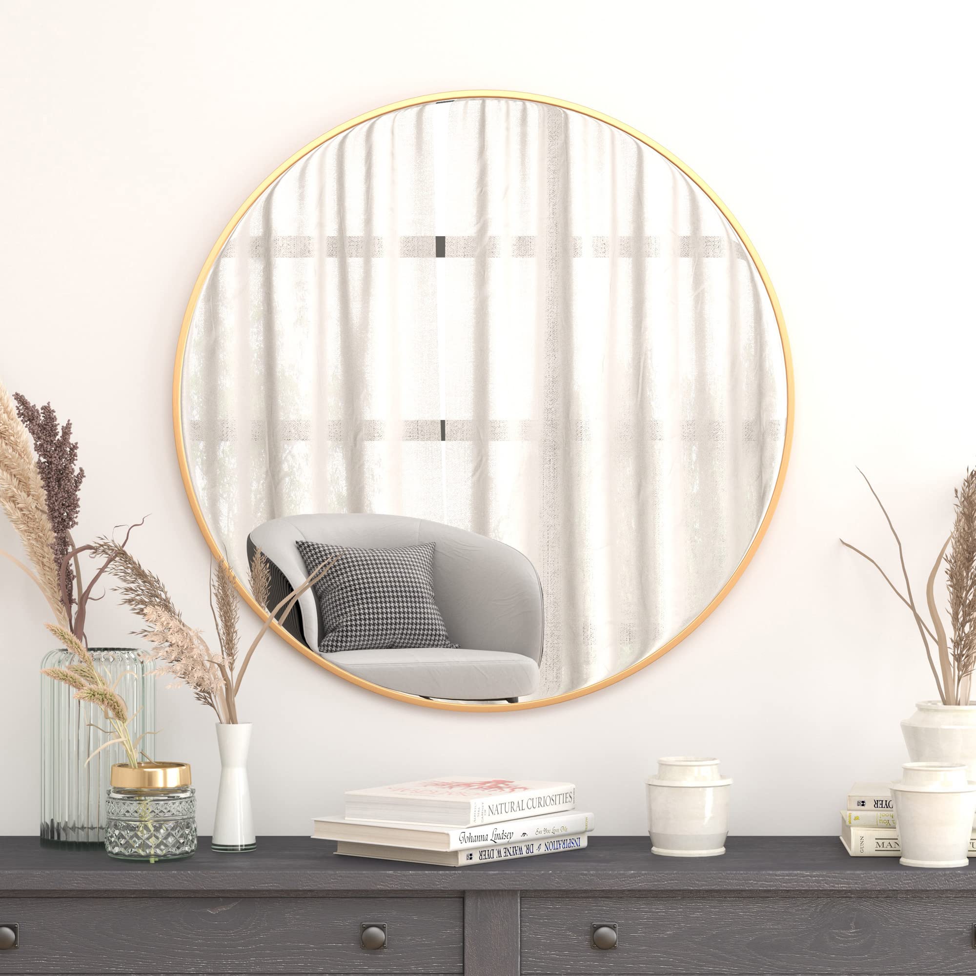 Flash Furniture Large Round Wall Mirror - Gold Circle Accent Mirror - 36&quot; Vanity Mirror - For Bathroom, Vanity, Entryway, Dining Room, & Living Room