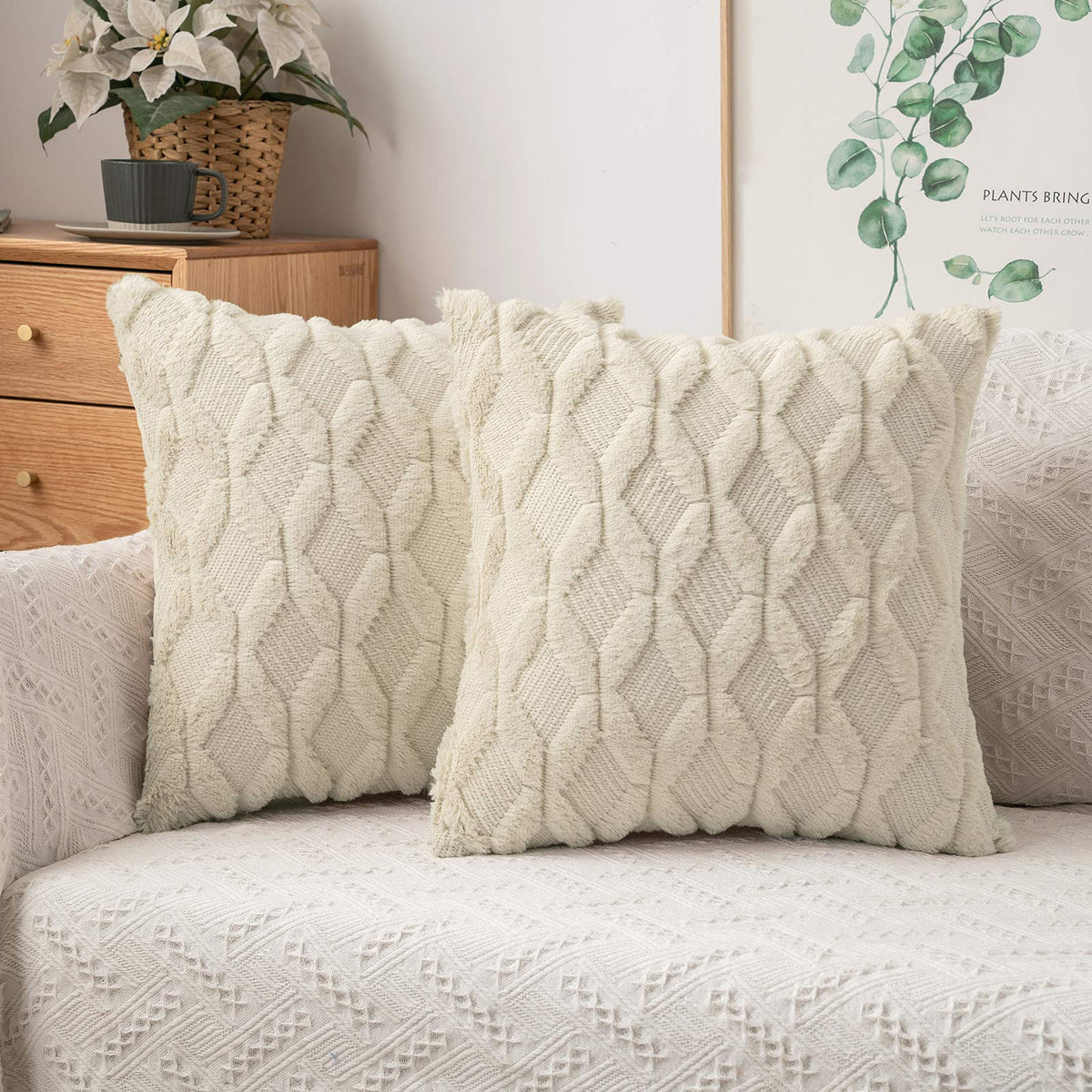 Miulee Beige Throw Pillow Covers 18X18 Set Of 2 Decorative Farmhouse Couch Throw Pillows Boho Shells Soft Plush Wool Pillowcases