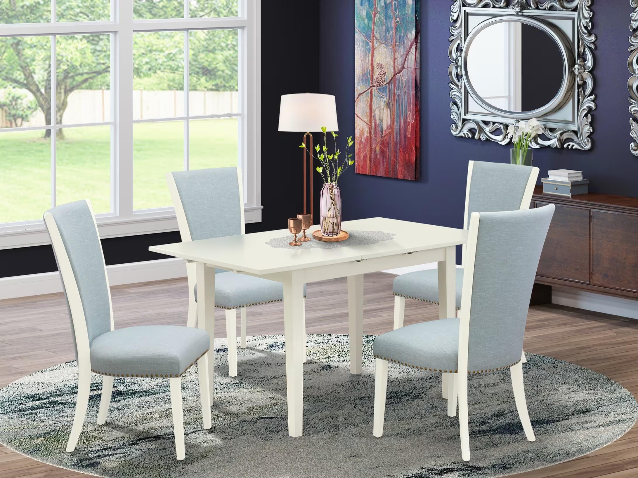 East West Furniture Nfve5-Lwh-15 5 Piece Modern Dining Table Set Includes A Rectangle Wooden Table With Butterfly Leaf And 4 Baby Blue Linen Fabric Parsons Chairs, 32X54 Inch, Linen White