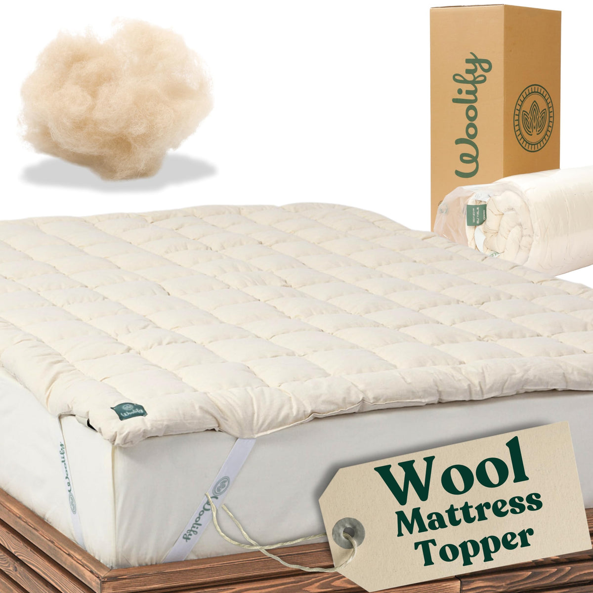 Organic Merino Wool Mattress Topper - Luxury Pillow Top Mattress Pad, Handmade, Non-Toxic, Cooling & Hypoallergenic, Natural Bac