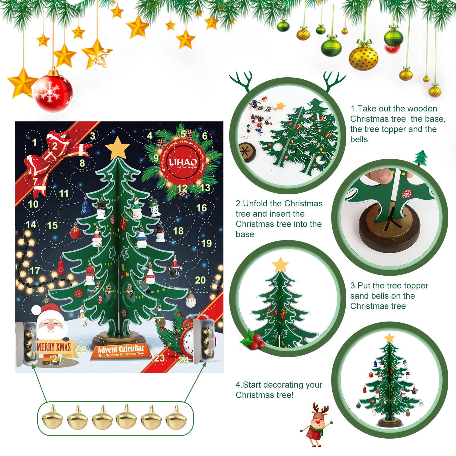 Lihao Christmas Advent Calendar 2024, 24 Days Countdown Christmas Tree Ornaments Surprise Advent Calendar Set With 24 Pcs Christ