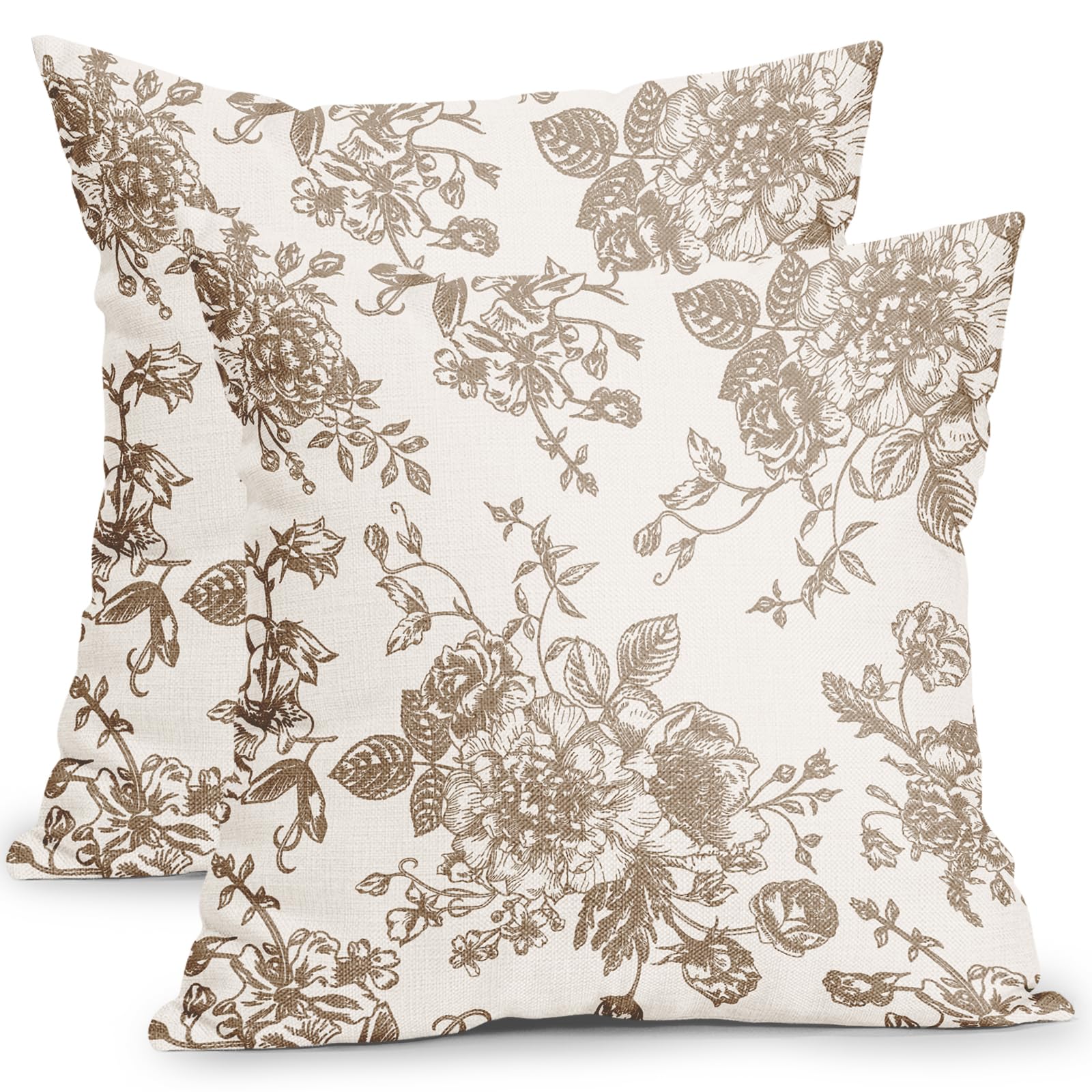 Vintage Floral Pillow Covers 18X18 Inch Set Of 2 Tan And Cream Floral Throw Pillow Covers Chinoiserie Flower Pillowcases Rustic