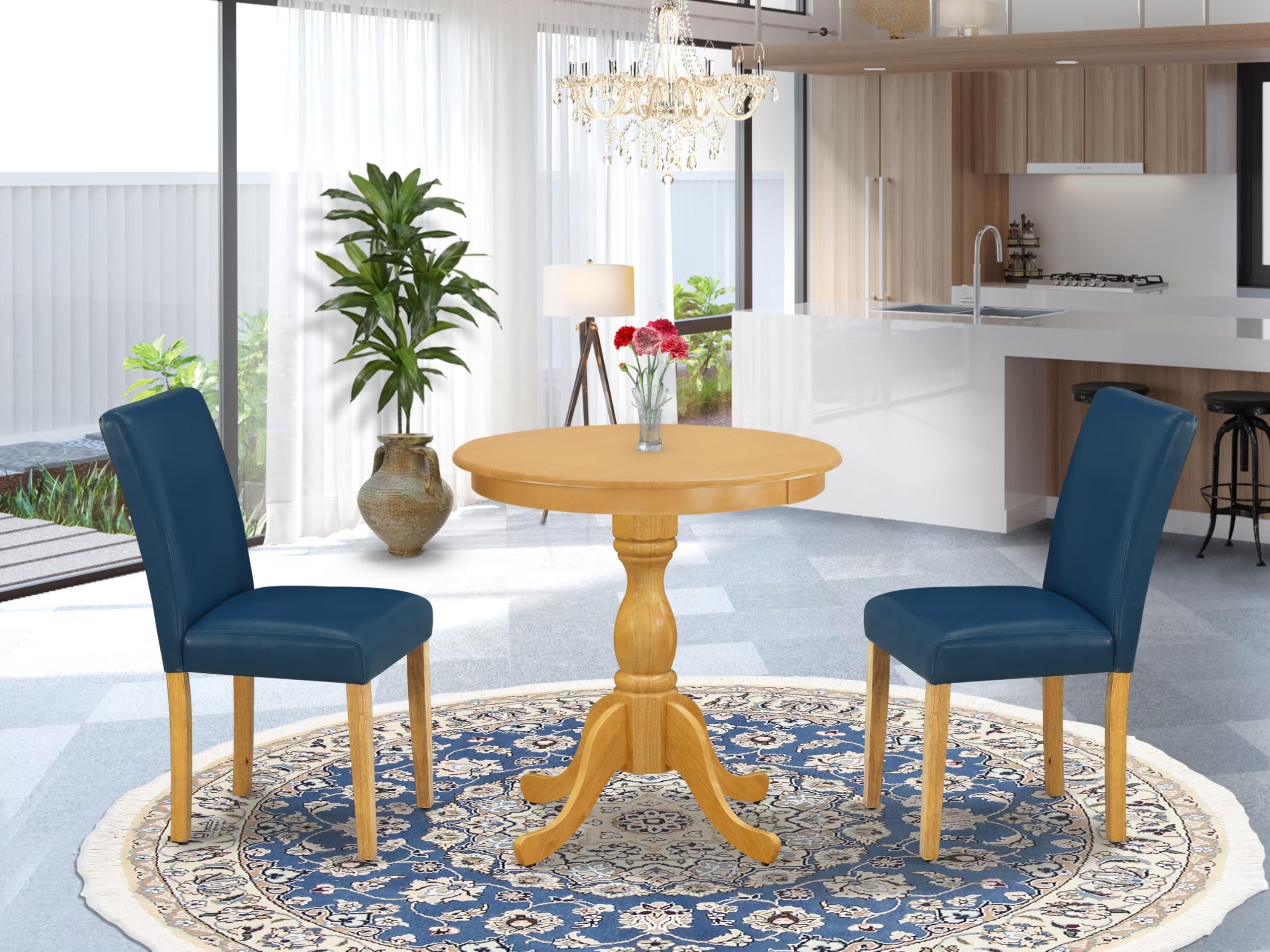 East West Furniture Esab3-Oak-55 3 Piece Dining Room Furniture Set Contains A Round Dining Table With Pedestal And 2 Oasis Blue Faux Leather Upholstered Chairs, 30X30 Inch, Oak