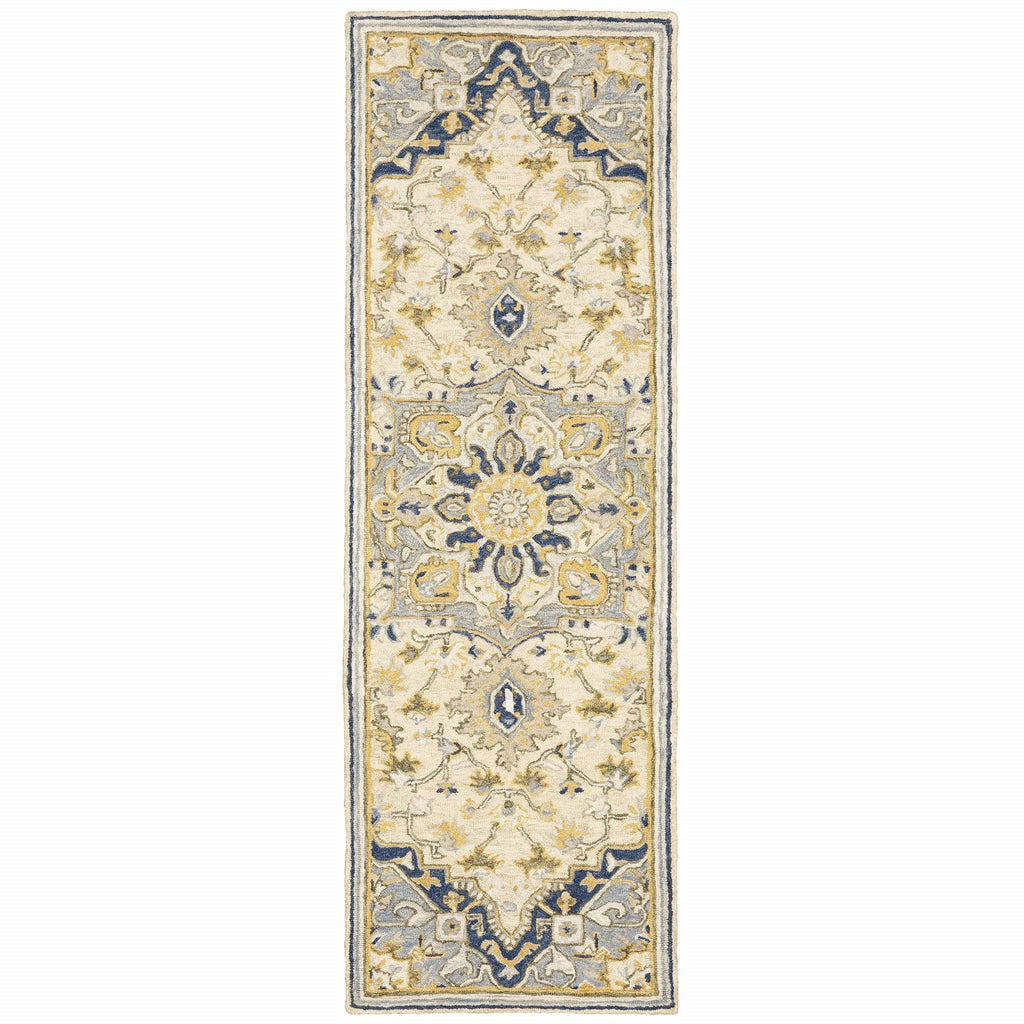 HomeRoots Wool 3'x8' Blue and Ivory Bohemian Runner Rug