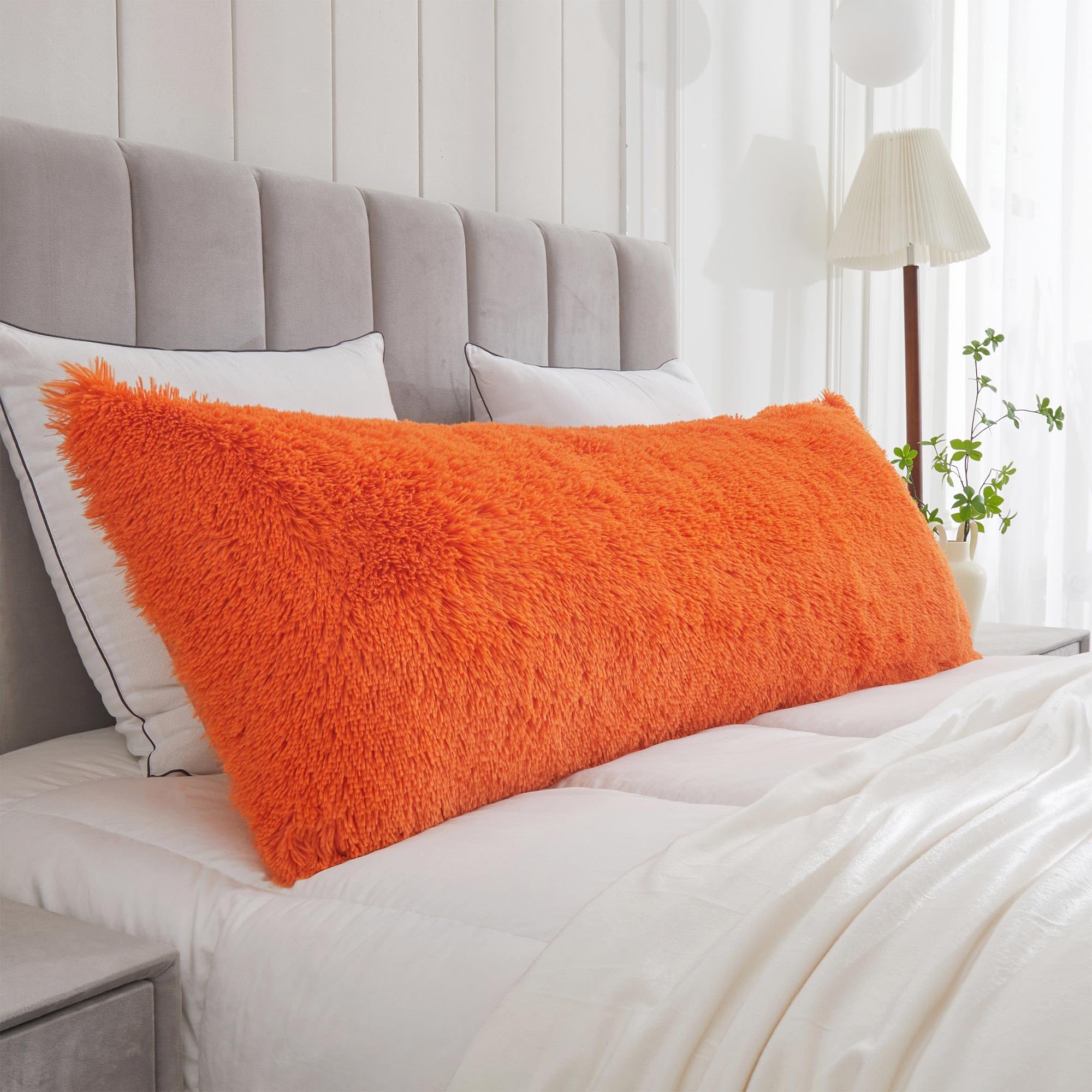Liferevo Orange Fluffy Body Pillow Cover,Luxury Faux Fur Body Pillow Case 20'X54',Rectangular Pillowshams For Bed,Christmas Lo