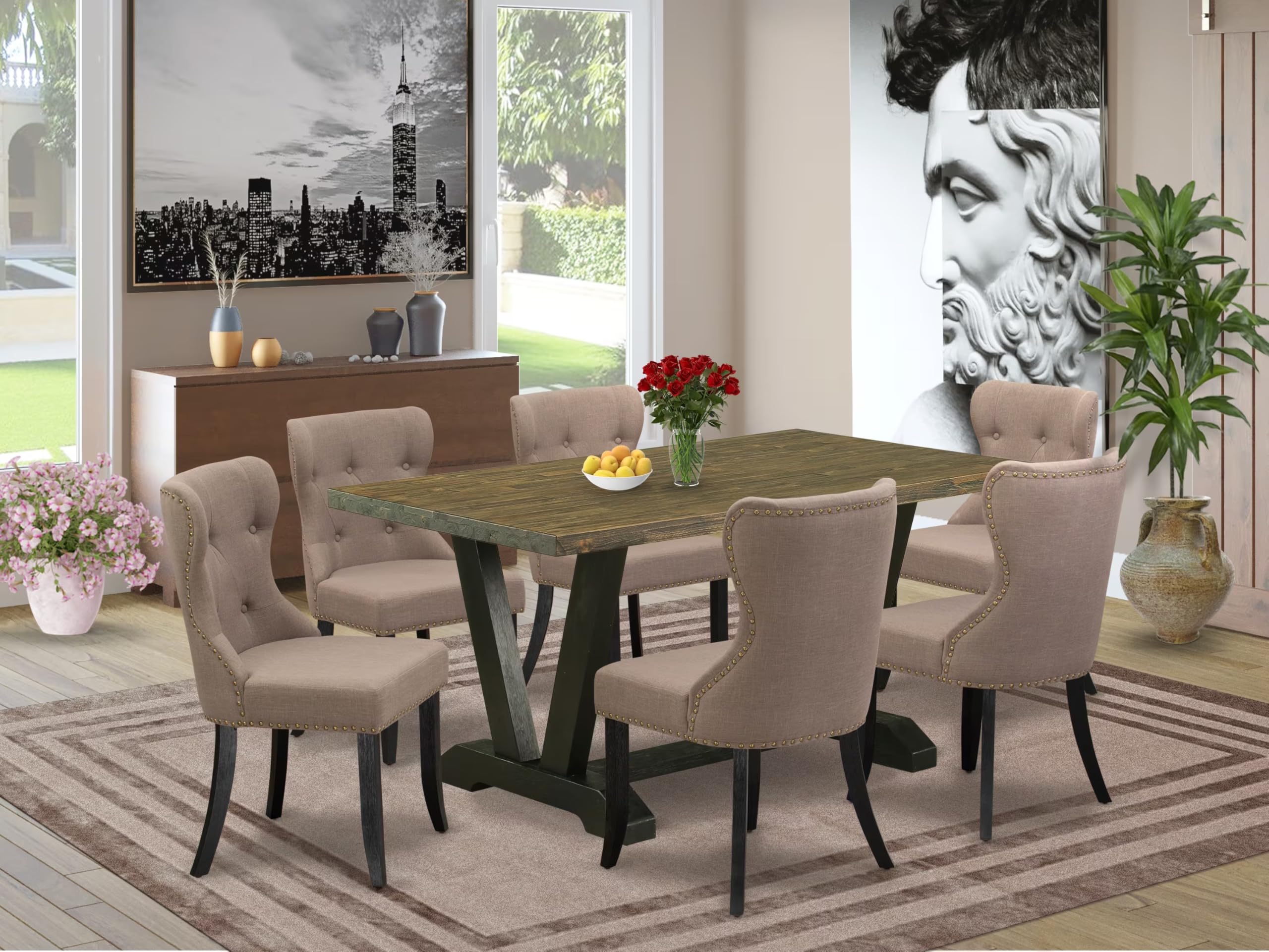 East West Furniture V676Si648-7 7 Piece Dining Set Consist Of A Rectangle Dining Room Table With V-Legs And 6 Coffee Linen Fabric Upholstered Chairs, 36X60 Inch, Multi-Color