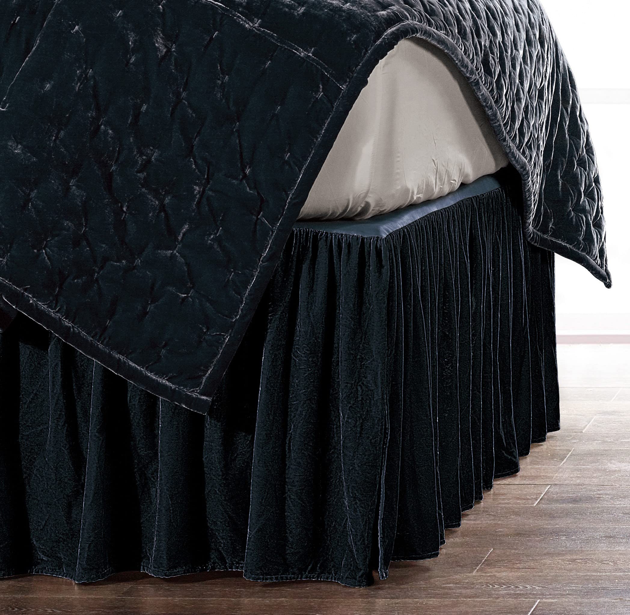 HiEnd Accents Stella Faux Silk Velvet Bed Skirt, Midnight Blue, Super Queen Size, Romantic Modern Western Traditional Style Bedd