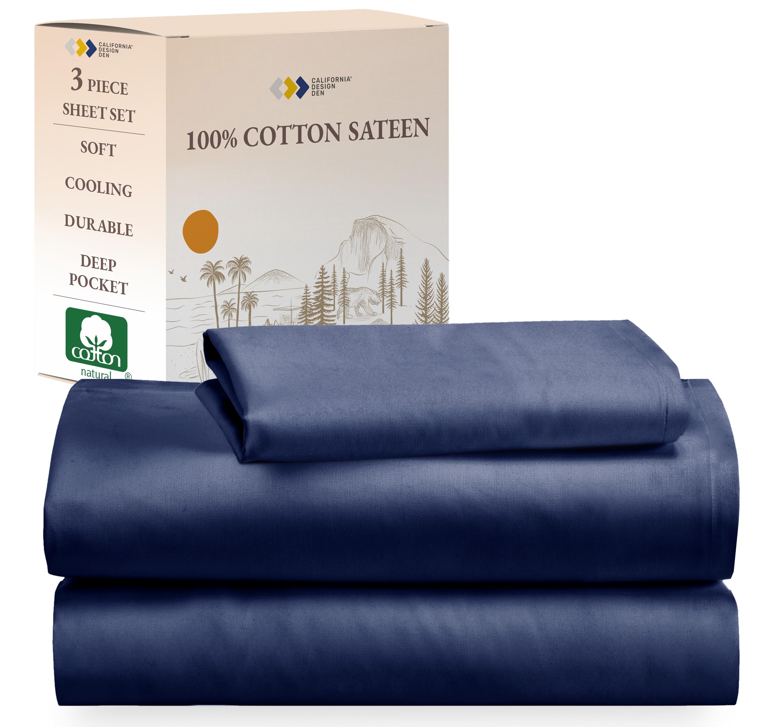 California Design Den Soft 100% Cotton Twin Xl Sheet Set, Twin Xl Sheet Set With Sateen Weave, Cooling Sheets - Navy Blue