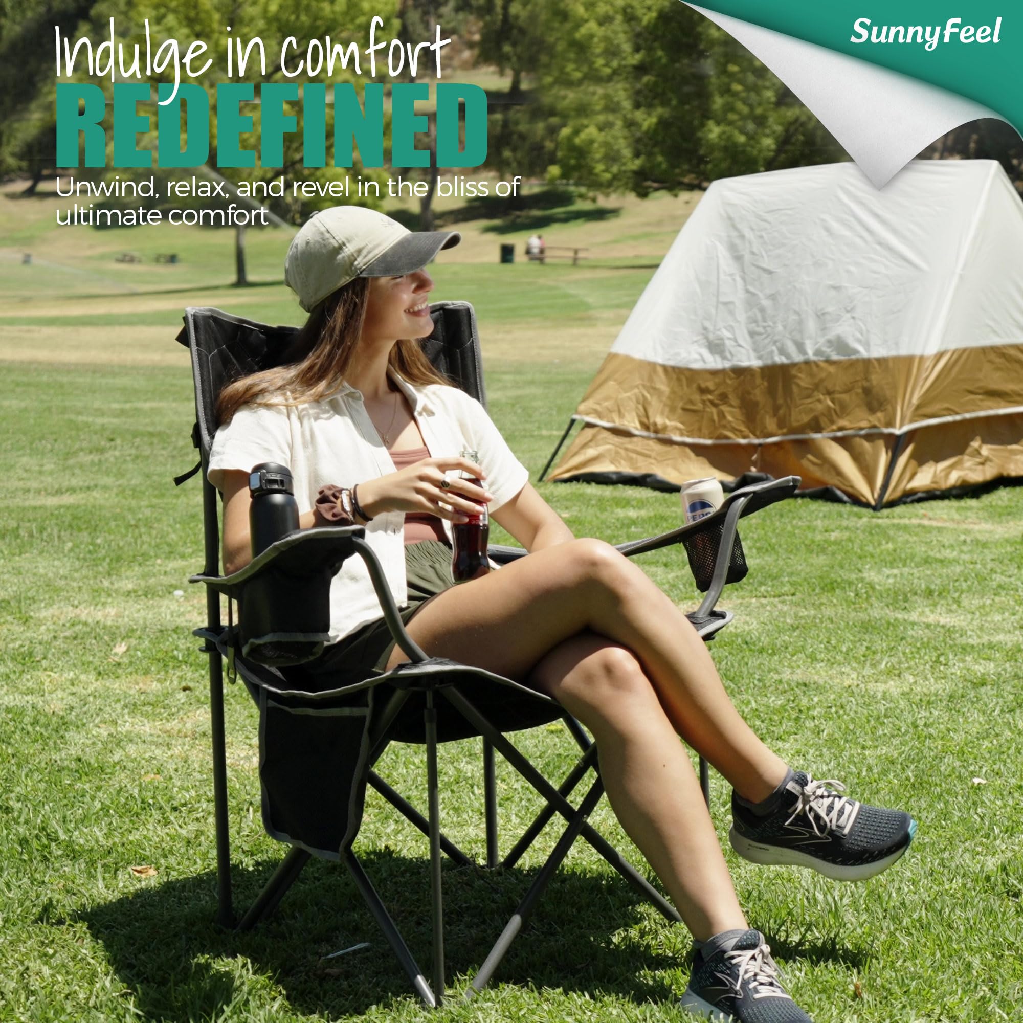 Sunnyfeel Xl Oversized Camping Chair, Folding Camp Chairs For Adults Heavy Duty Big Tall 500 Lbs, Padded Portable Quad Arm Lawn Chair With Pocket For Outdoor/Picnic/Beach/Sports