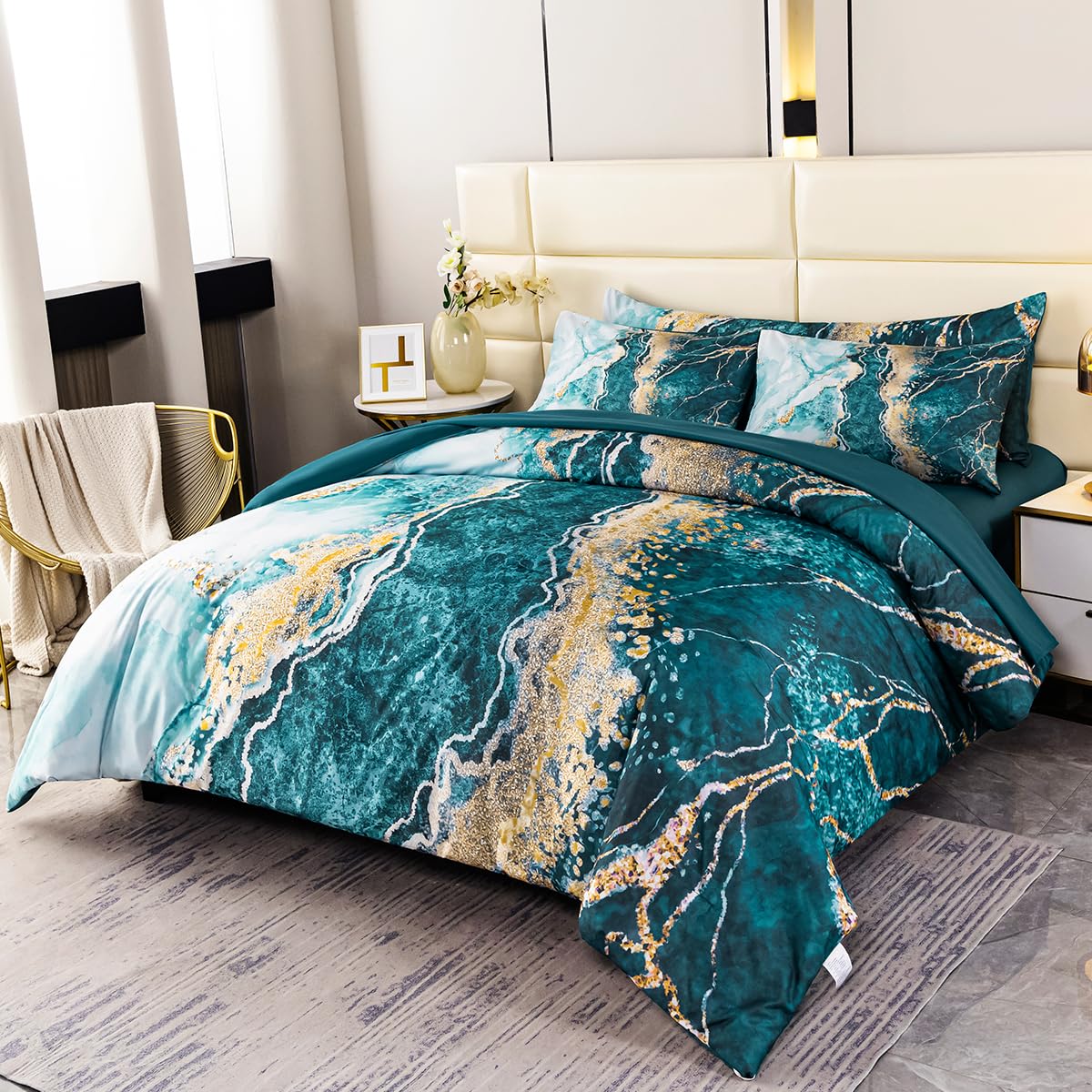 Perfemet 6-Piece Bed In A Bag Queen Set Aqua Gold Watercolor Marble Comforters With Sheet Soft Luxury Retro Artwork Aqua Green T