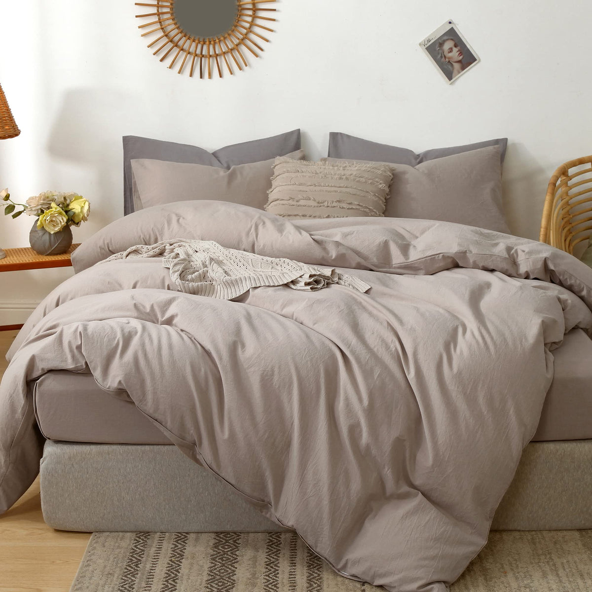 Moomee Bedding Duvet Cover Set 100% Washed Cotton Linen Like Textured Breathable Durable Soft Comfy (Taupe, Cal King Size)