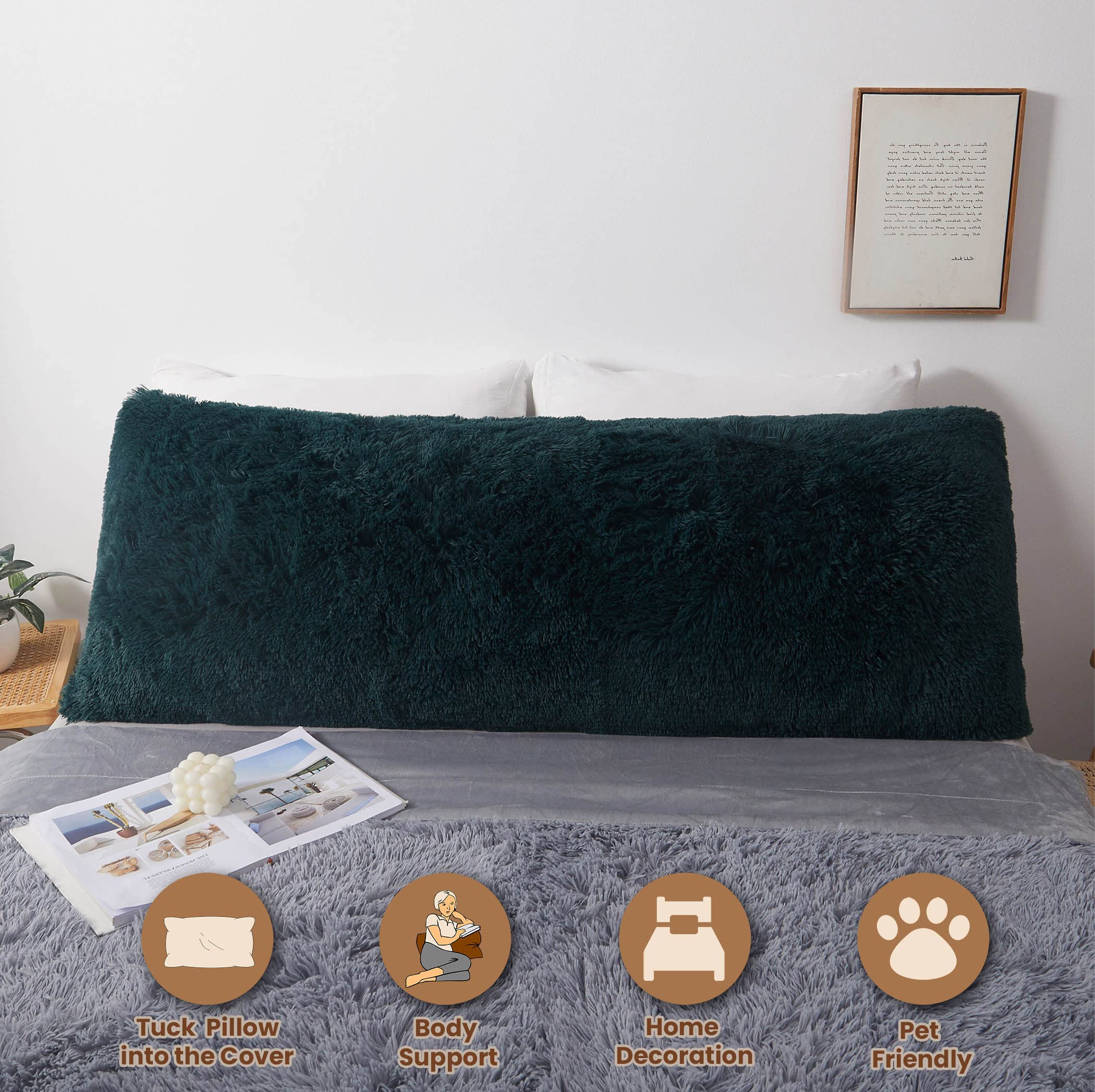 Mego Fluffy Body Pillow Cover, 20X54 Shaggy Faux Fur Body Pillow Case,Deep Green Plush Fuzzy Body Pillowcase, Furry Long Throw B