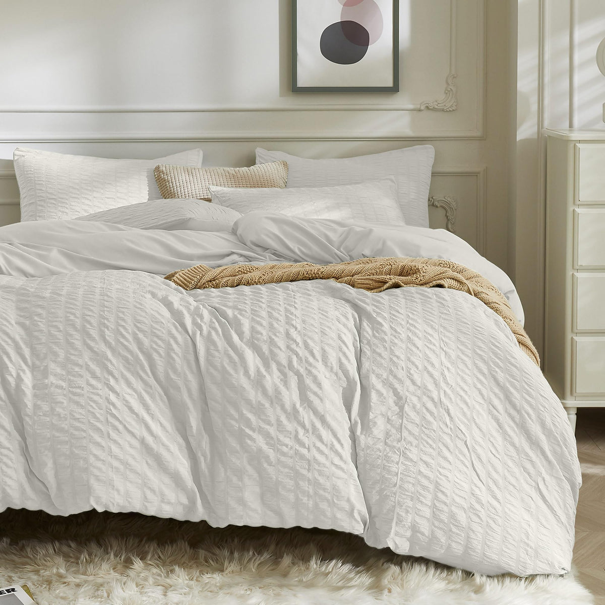 Jellymoni White Duvet Cover Full Size, 3Pcs Washed Microfiber Bedding Set, Soft Breathable Seersucker Duvet Cover Set With Zippe