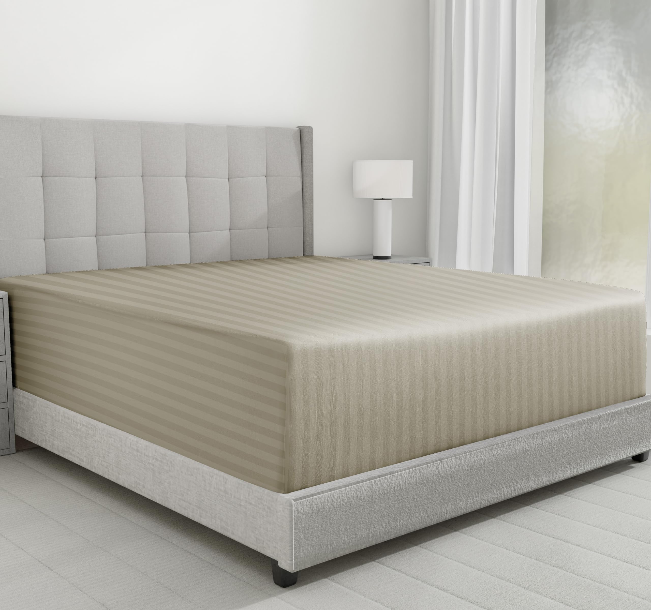 California Design Den Luxury Cotton Sateen Damask Stripe Full Fitted Sheet Only - Soft 100% Cotton Sateen, Deep Pocket Bottom Fitted Sheet, Hotel Quality With A Foot Side Indicator - Khaki