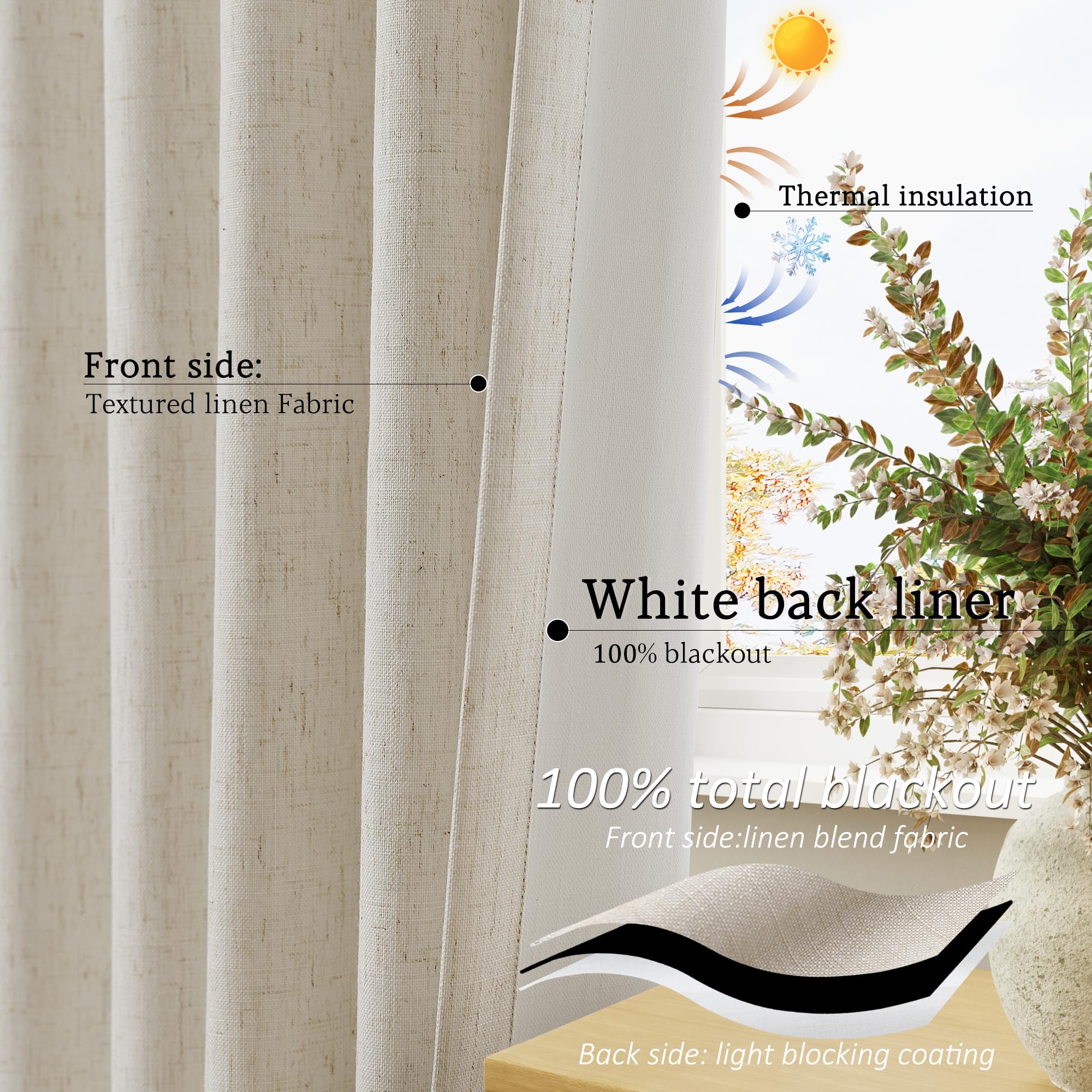 Jowels Natural Linen Blackout Curtains 96 Length 2 Panels Set For Living Room Bedroom, 100% Black Out Thermal Insulated Linen Dr