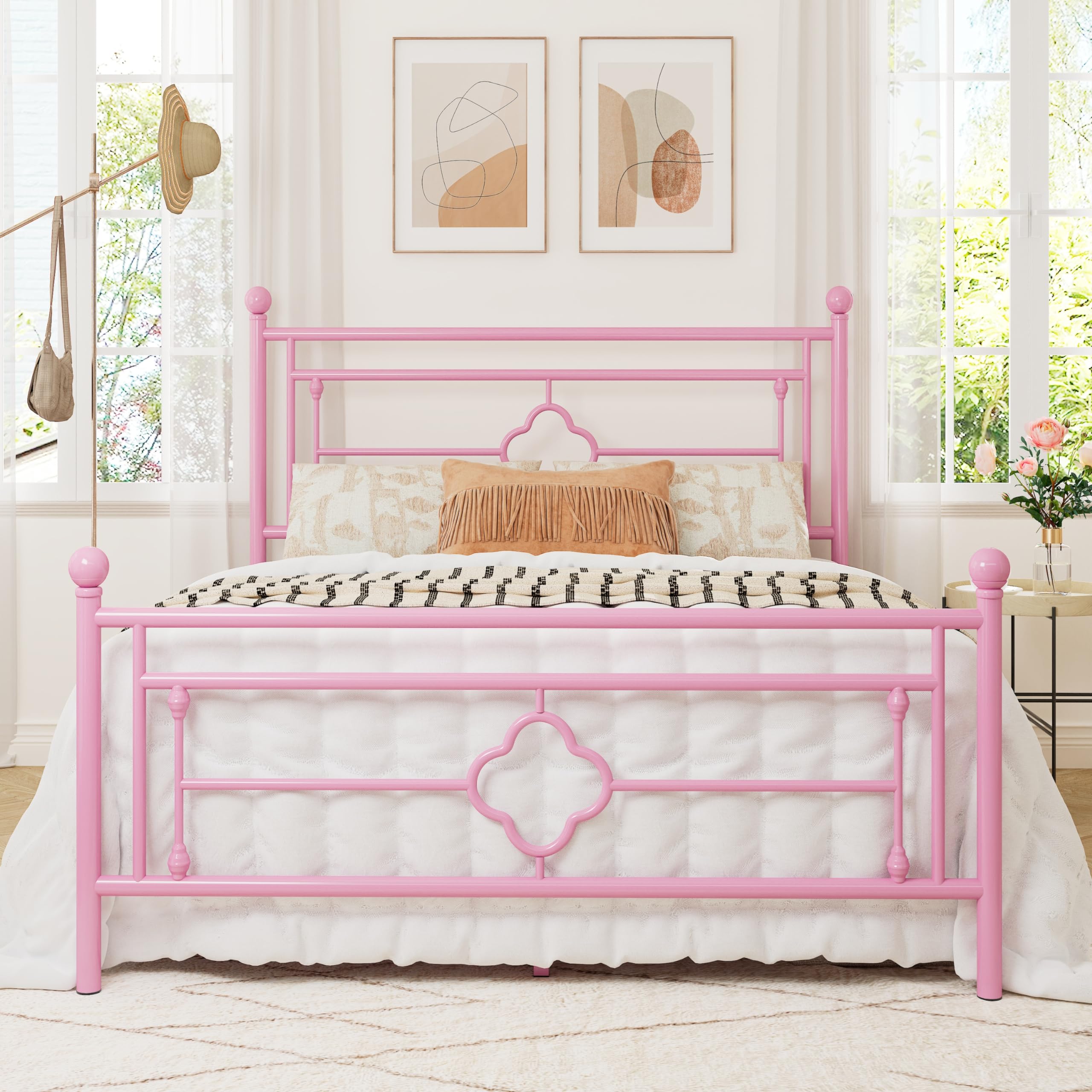 Allewie Queen Size Metal Platform Bed Frame With Victorian Vintage Headboard And Footboard/Mattress Foundation/Under Bed Storage/No Box Spring Needed/Noise-Free/Easy Assembly, Pink
