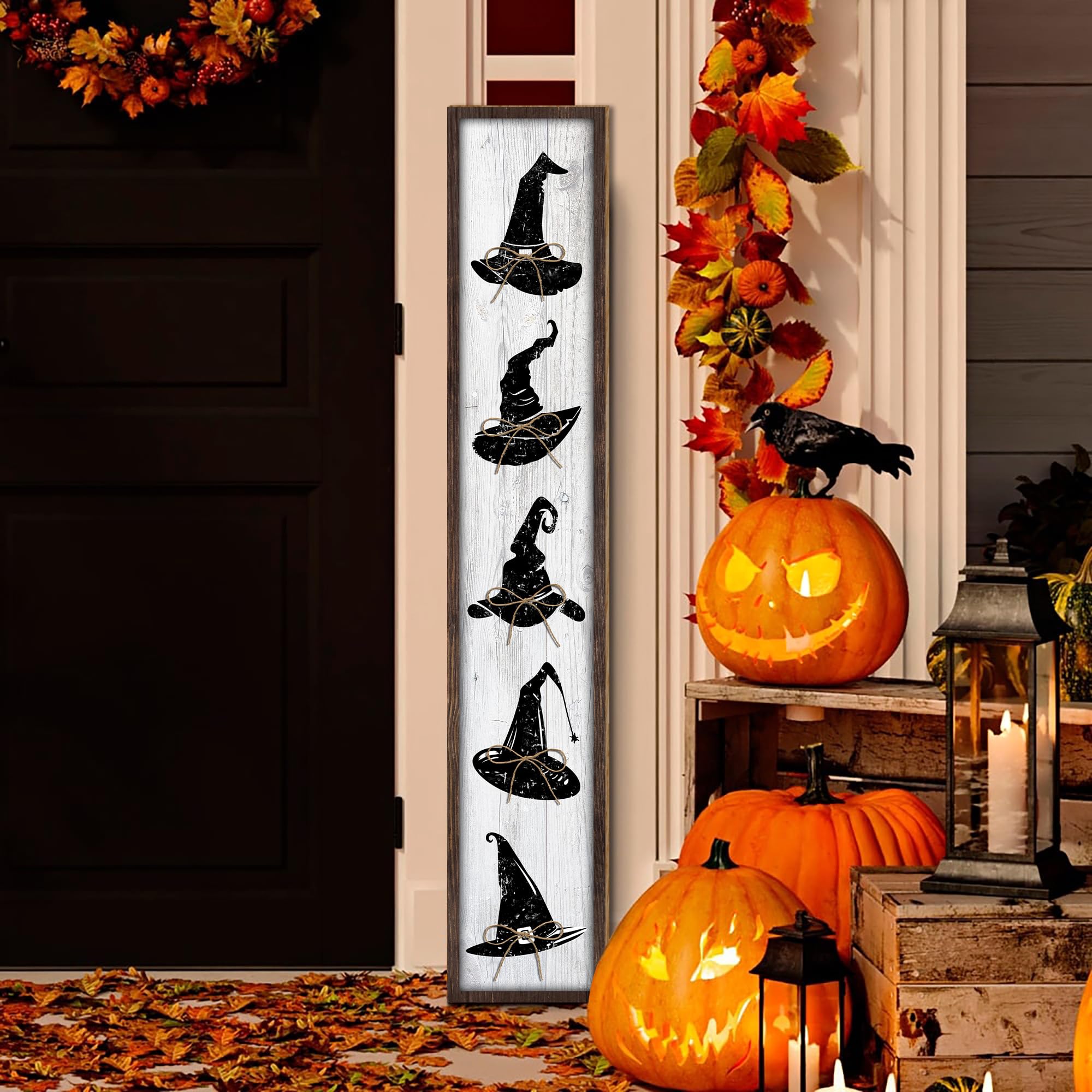 Halloween Welcome Sign for Front Door Standing, Witch Hat Wooden Porch Sign for Front Porch Decorations, Trick or Treat Vertical