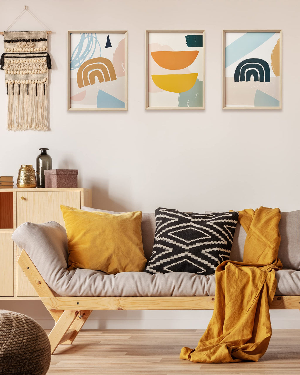 Framed Boho Wall Art For Bedroom,Abstract Canvas Wall Decor,12X16In Minimalist High Framed Wood Design Prints For Living Room,Ba