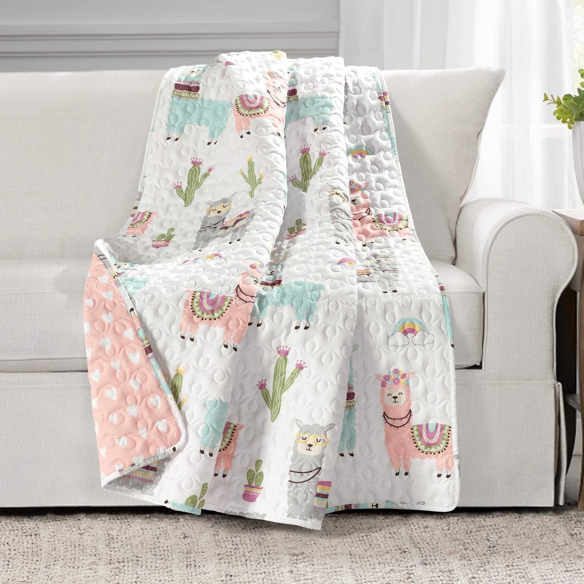 Lush Decor Southwest Llama Cactus Throw Blanket, 50' W X 60' L, White & Blush - Toddler Blanket - Cute Reversible Boho Quilted