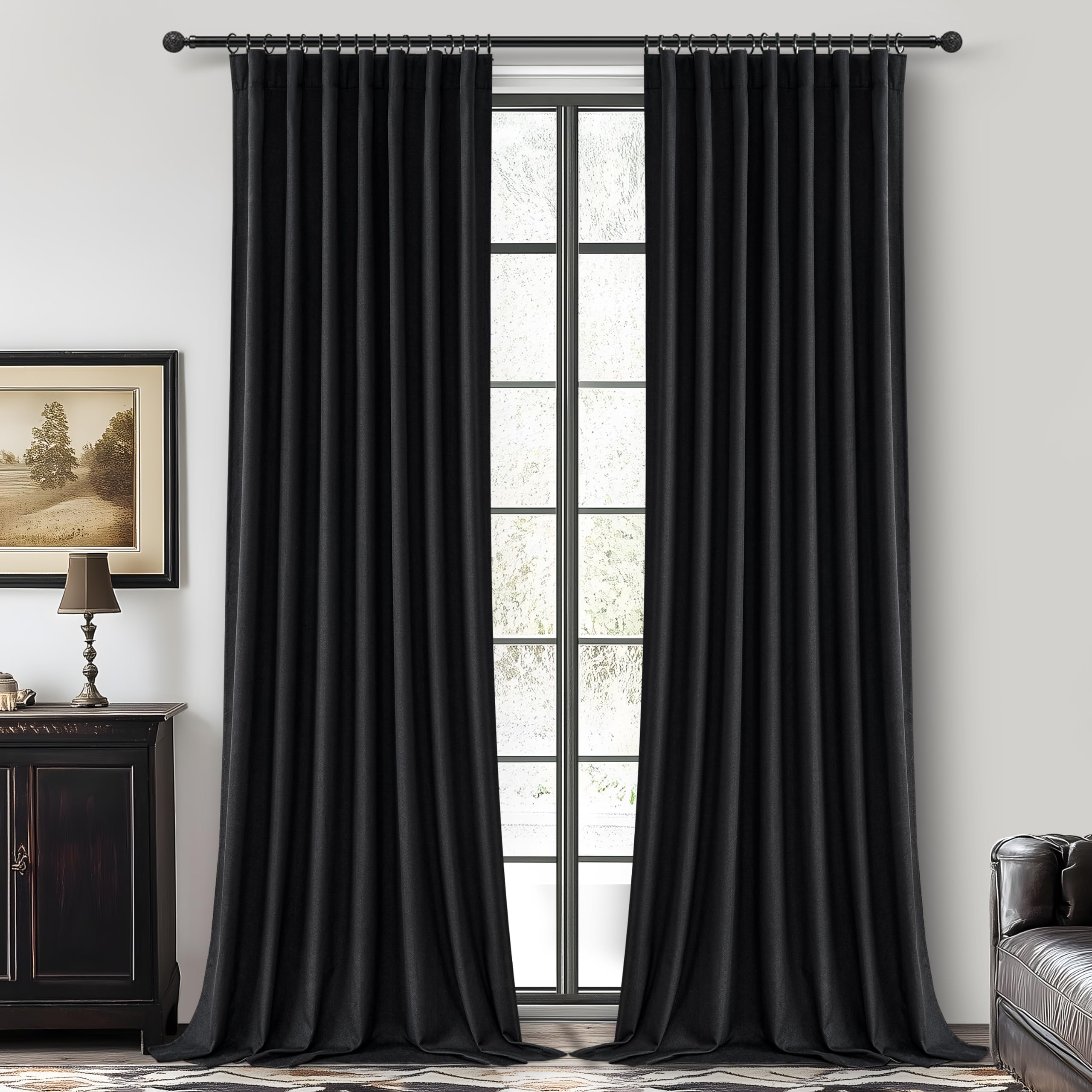 QJmydeco Black Blackout Curtains 95 Inches Long 2 Panel Set, Sun Blocking Curtains for Bedroom Modern Black Window Linen Drapes 
