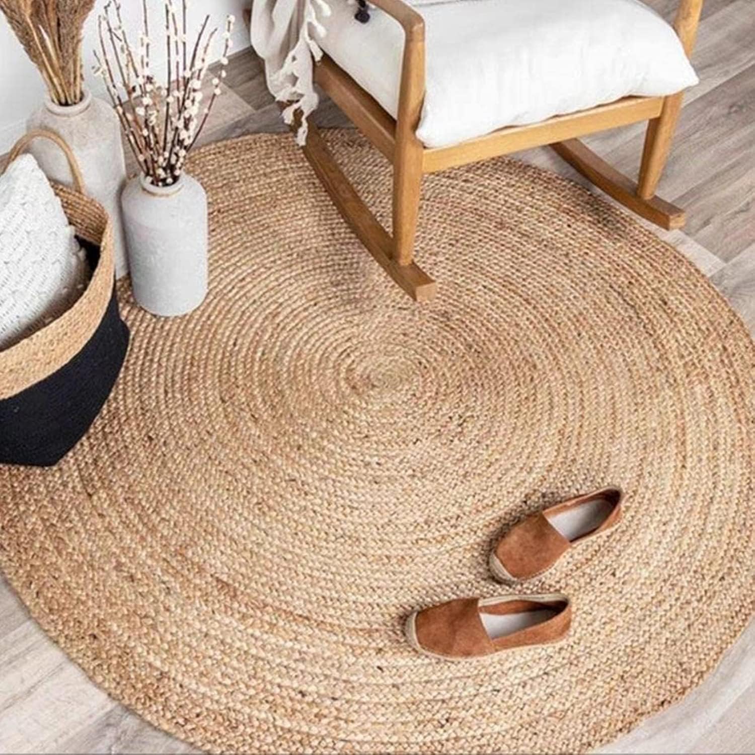 Jute Braided Area Rug, 5 feet Round, Stain Resistance Natural Handmade Circle Boho Area Rug for Entryways, Living Room, Bedroom,