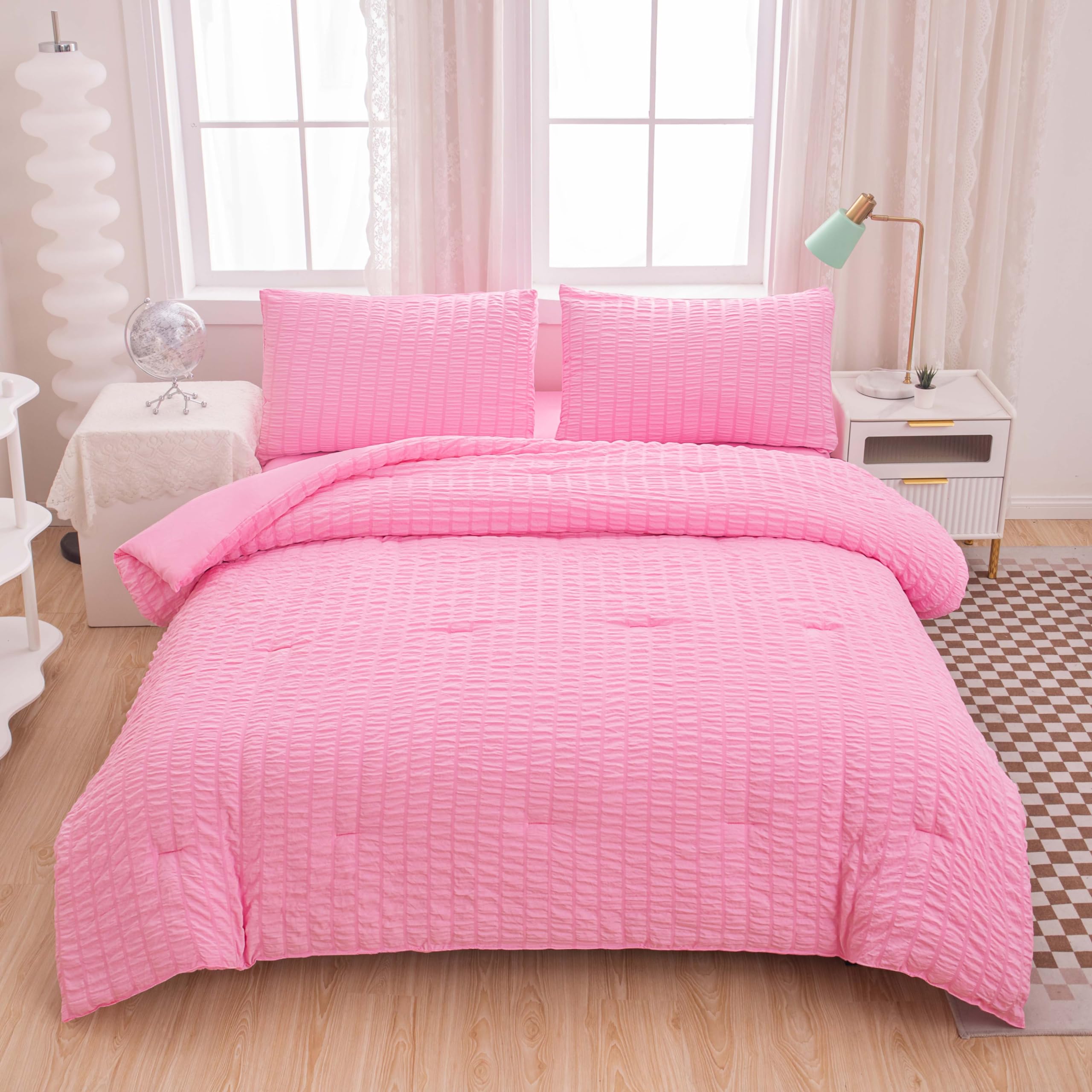 Yadangxiawa Twin Bed In A Bag Pink Seersucker Comforter Set 5-Pieces Microfiber Lightweight Comforter All Season Bedding Sets Wi