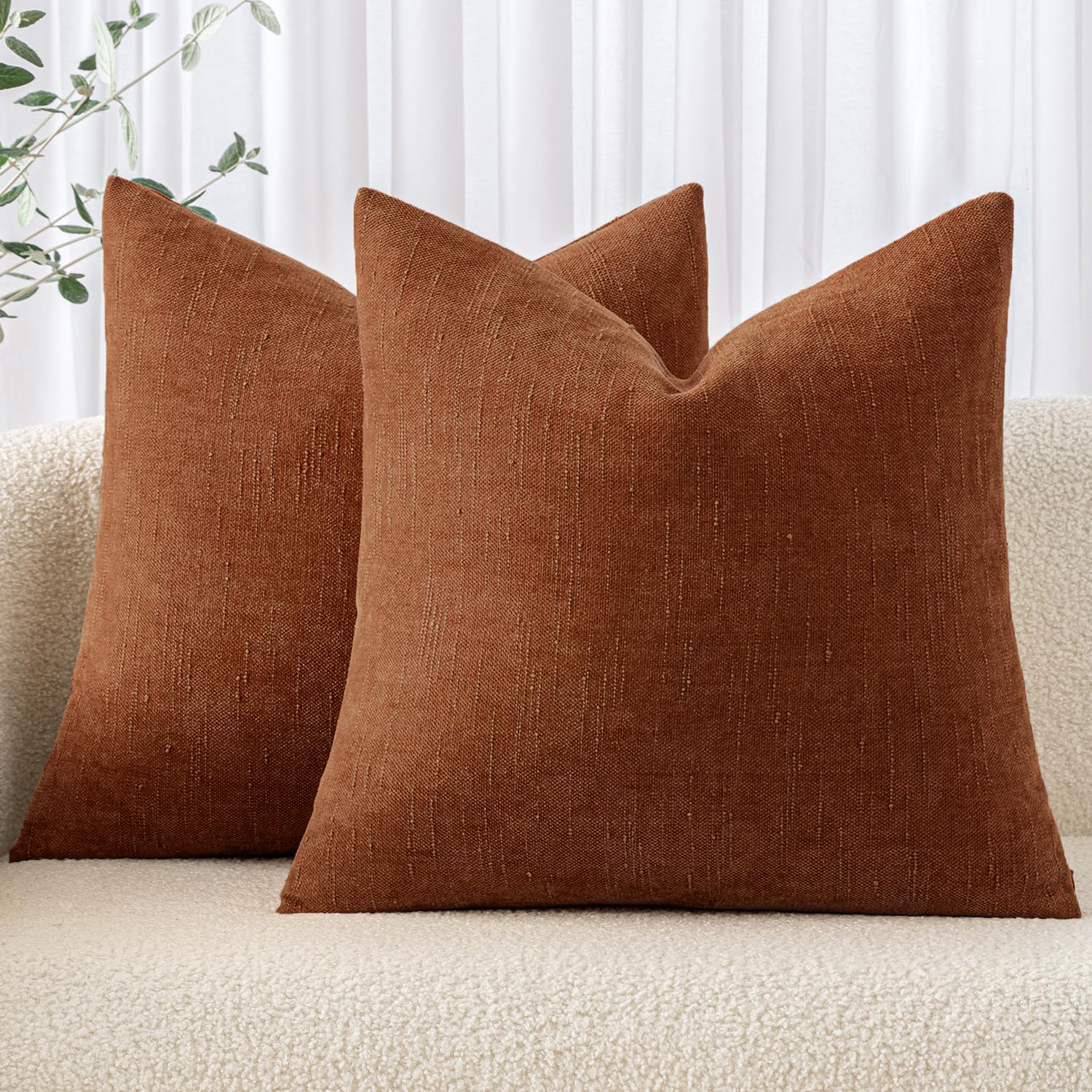 Miulee Pack Of 2 Decorative Throw Pillow Covers Soft Chenille Throw Pillows Solid Textured Fall Cushion Covers For Couch Sofa Bedroom Living Room 20X20 Inch, Dark Rust