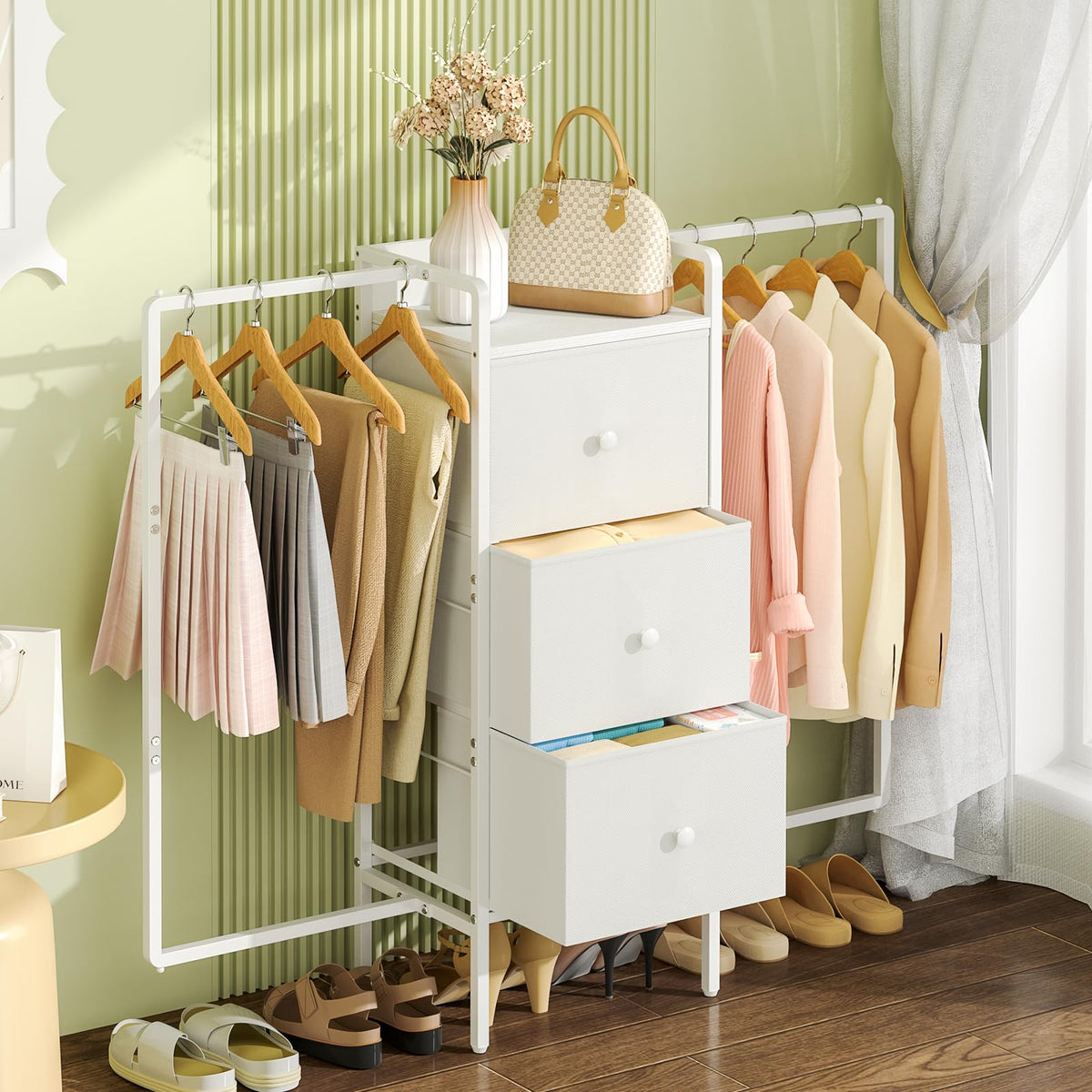 3IngSeagulls Kids Dressers for Bedroom with 2 Hanging Racks, Small Dresser for Bedroom with 3 Drawers, 53H Faric Chest of Drawe