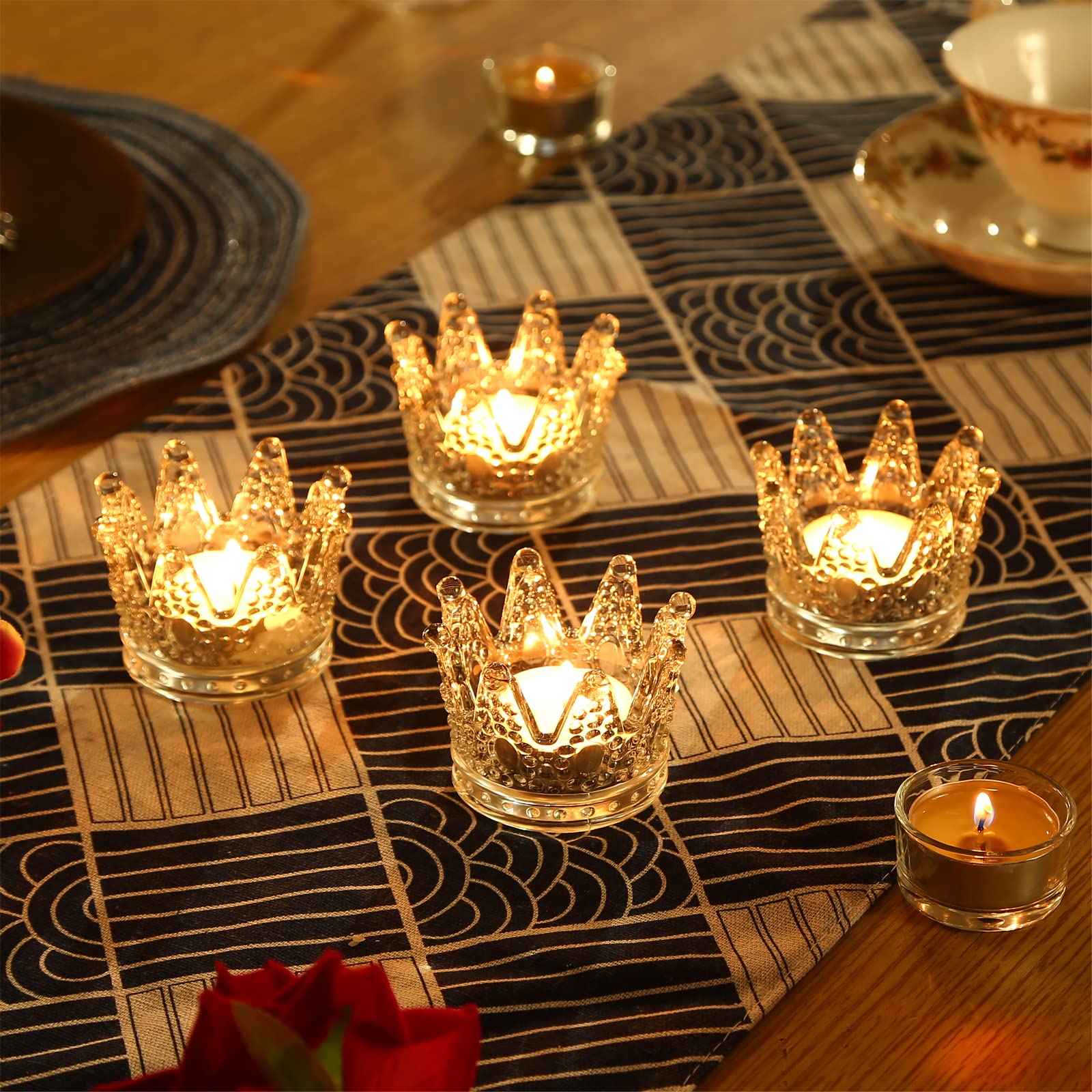 GOLDEAL 12 Pcs Crown Tealight Candle Holders,Votive Candle Holders,Clear Glass,IdealHolder for Wedding Centerpieces,Party,Dinner