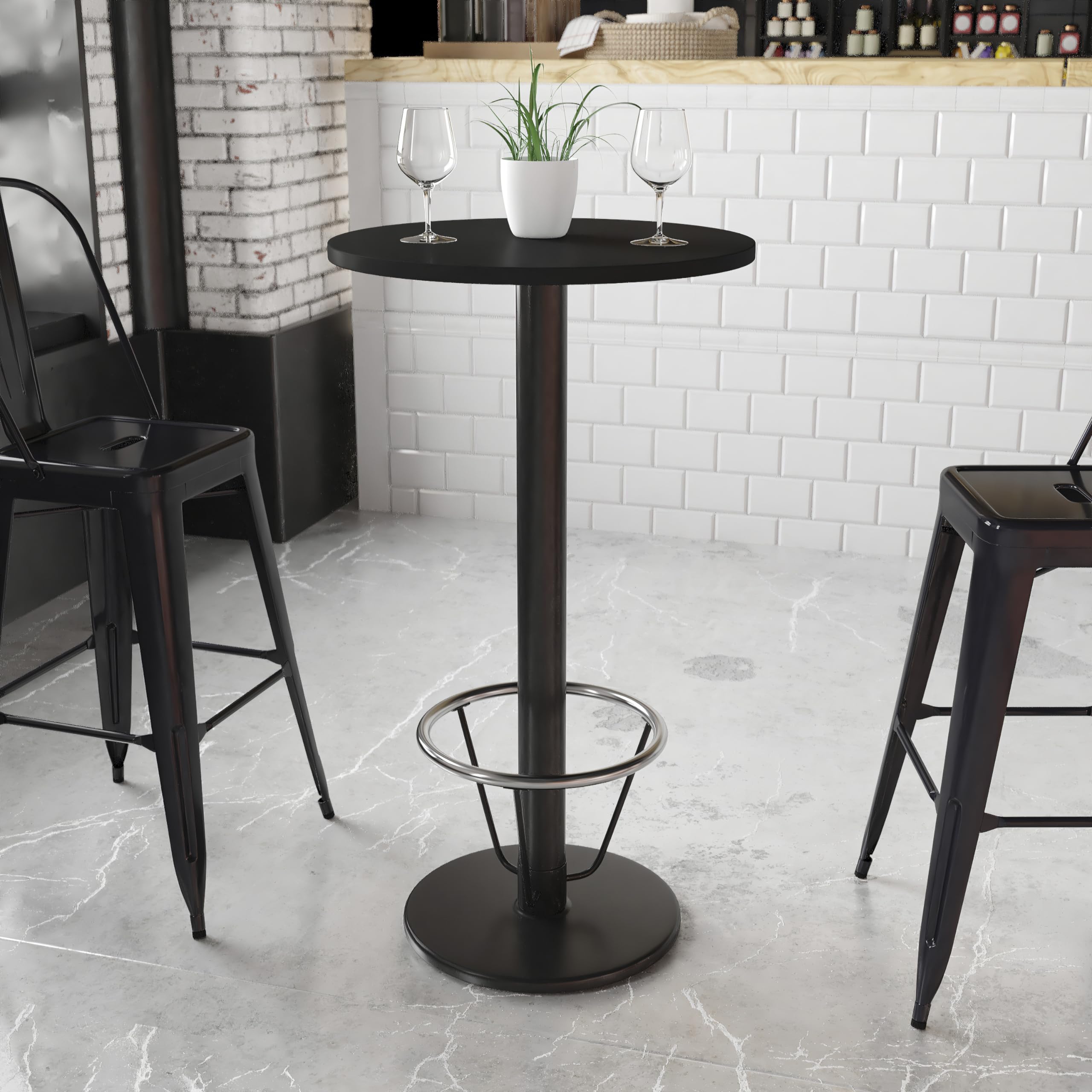 Flash Furniture Stiles 24'' Round Black Laminate Table Top with 18'' Round Bar Height Table Base and Foot Ring