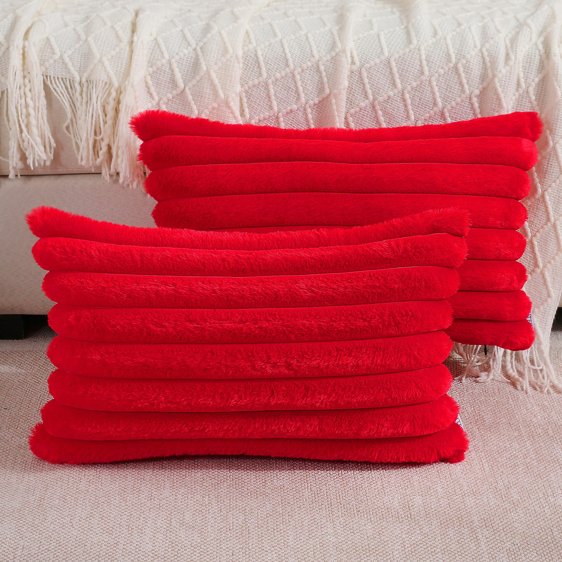 Futei Red Striped Decorative Throw Pillow Covers 12X20 Inch Set Of 2,Rectangle Spring Decorations Couch Lumbar Pillowcase,Soft C