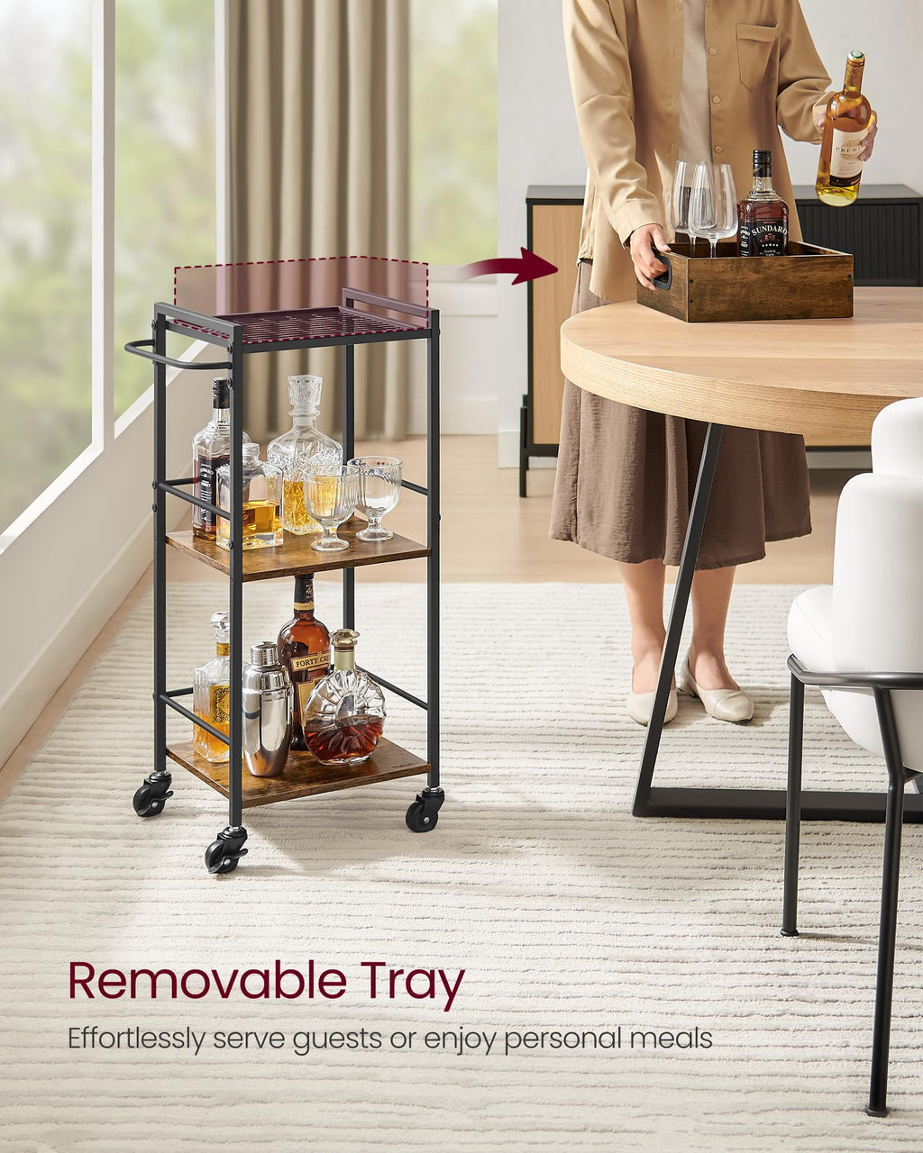 Vasagle Kitchen Serving Cart With Removable Tray, 3-Tier Kitchen Utility Cart On Wheels With Storage, With Brakes, Leveling Feet, 11.8 X 13.7 X 33.9 Inches, Rustic Brown And Black Ulrc062B01