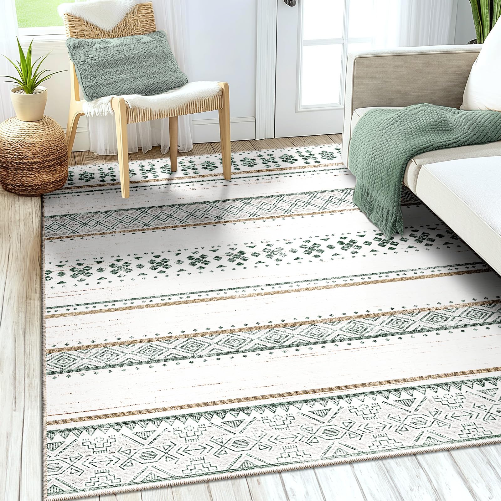 BESTSWEETIE 6x9 Area Rug for Living Room Washable Rug Moroccan Farmhouse Neutral Geometric Low Pile Non-Slip Soft Water Repellen