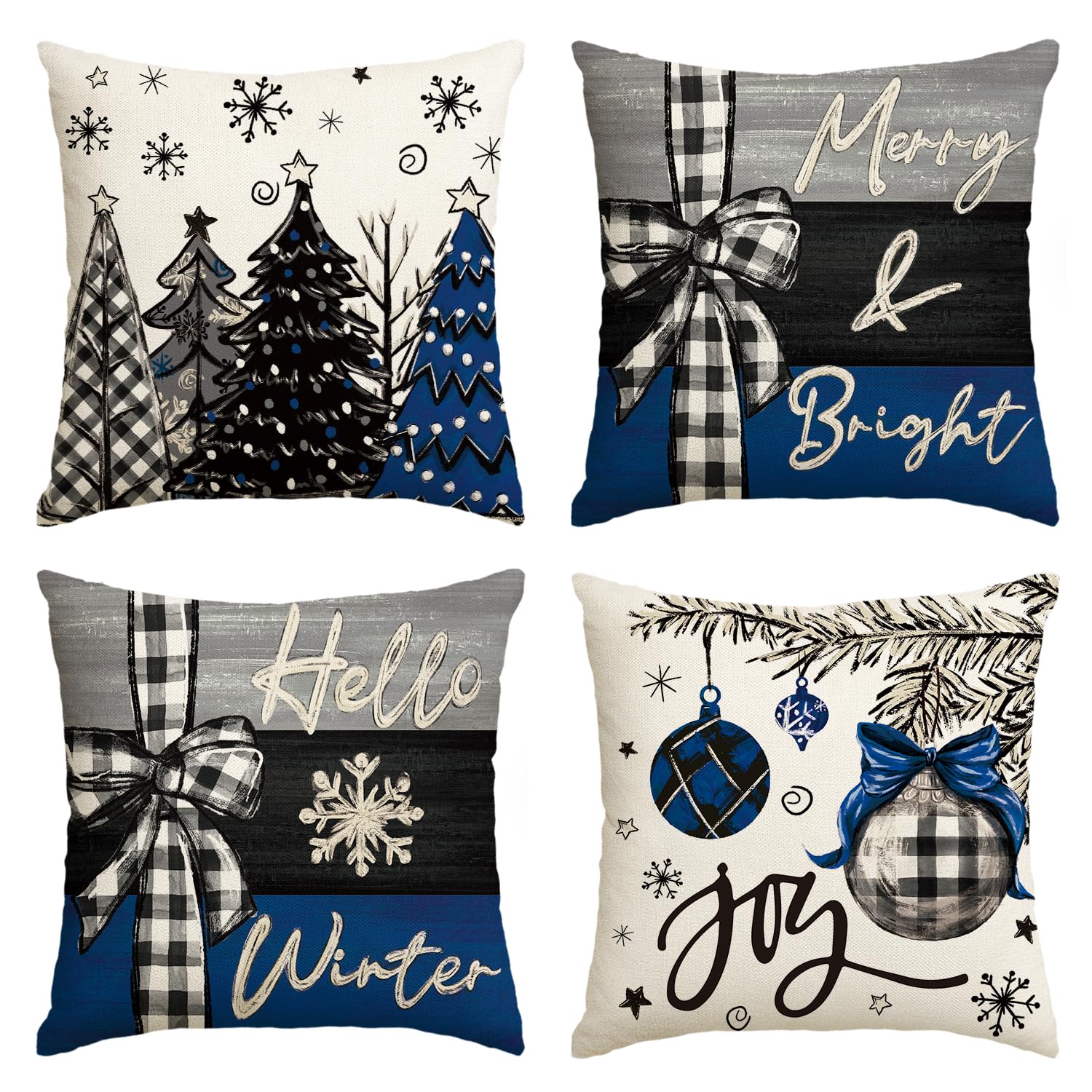 Avoin Colorlife Merry Christmas Joy Xmas Trees Blue And Black Throw Pillow Covers, 20 X 20 Inch Christmas Winter Holiday Cushion