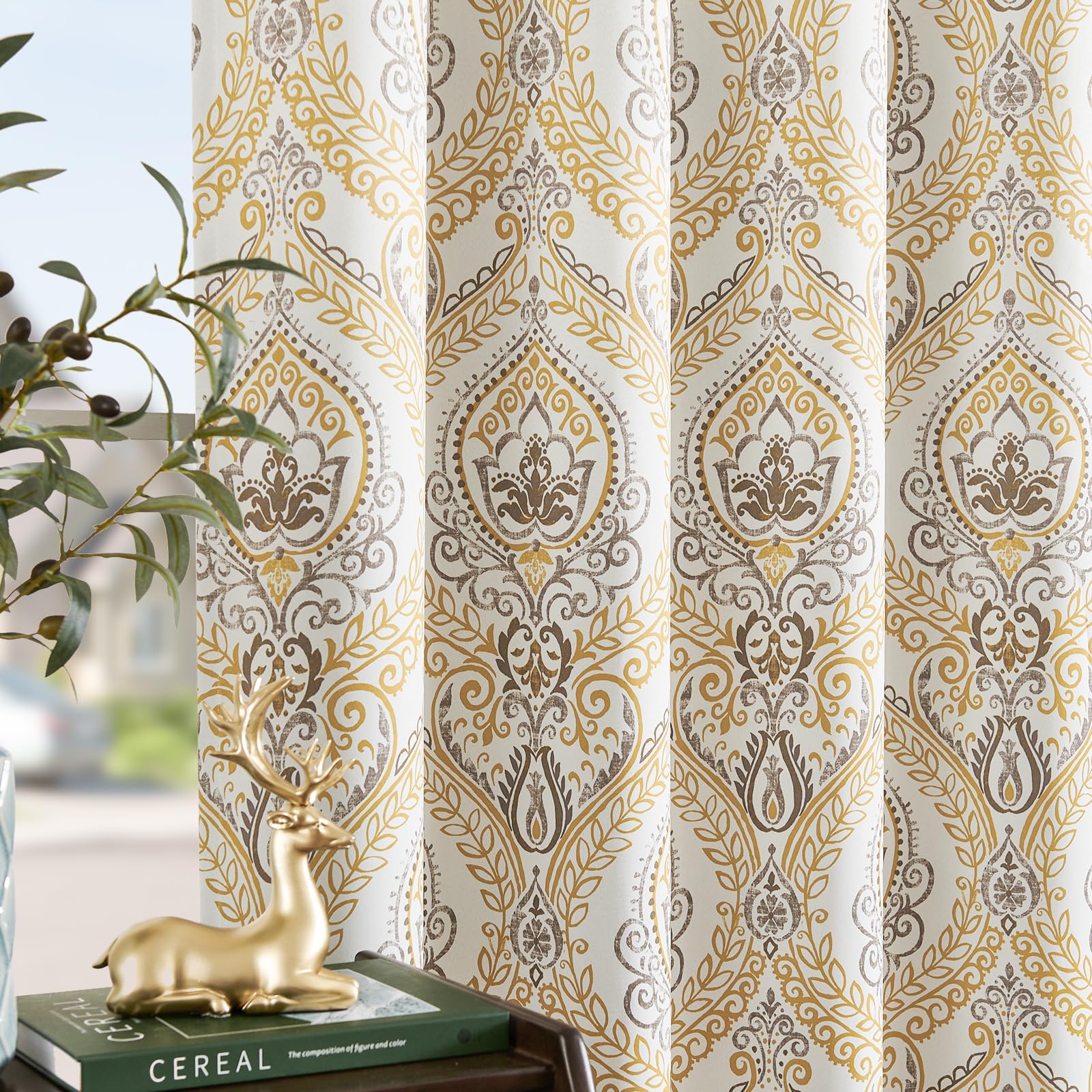 Jinchan 100% Blackout Curtains 96 Inches Long Yellow Damask Medallion Window Curtains For Bedroom Grommet Thermal Insulated Drapes For Living Room Vintage Luxury Window Treatments Set 2 Panels