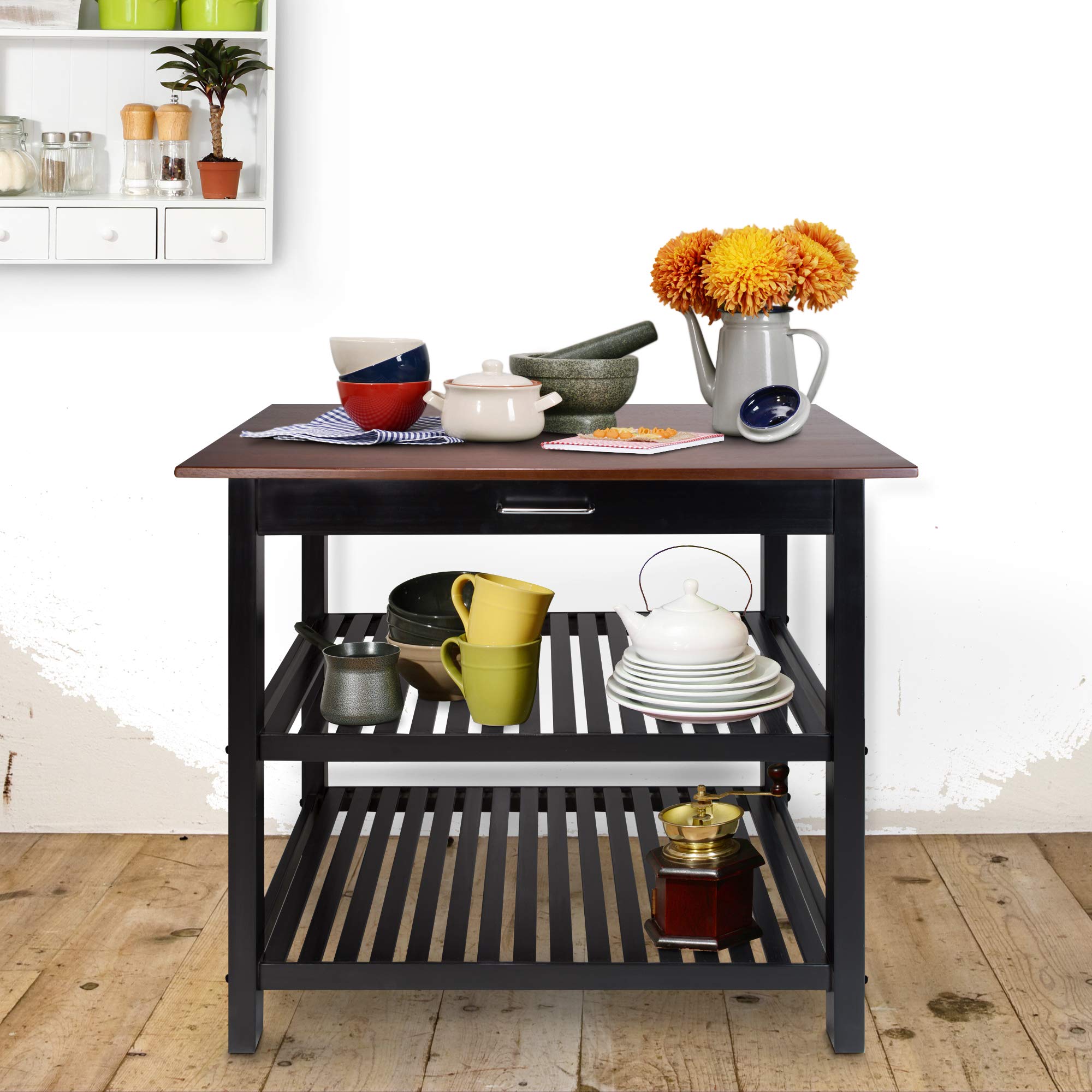 Casual Home Kitchen Island With Solid American Hardwood Top, Walnut&Black
