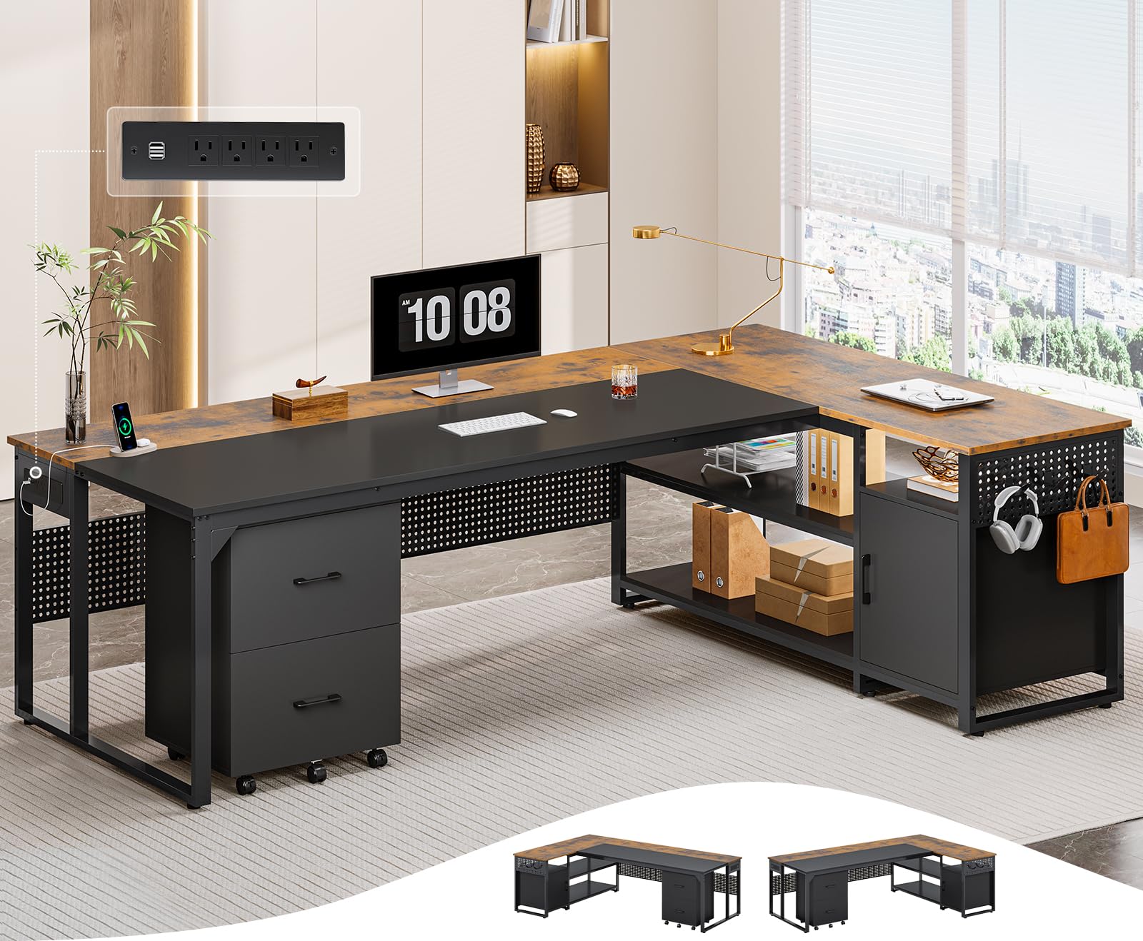 UPOSOJA 71  Executive Desk, Reversible L Shaped Desk with Mobile File Cabinet & Power Outlets, Large Office Desk with Drawers, S