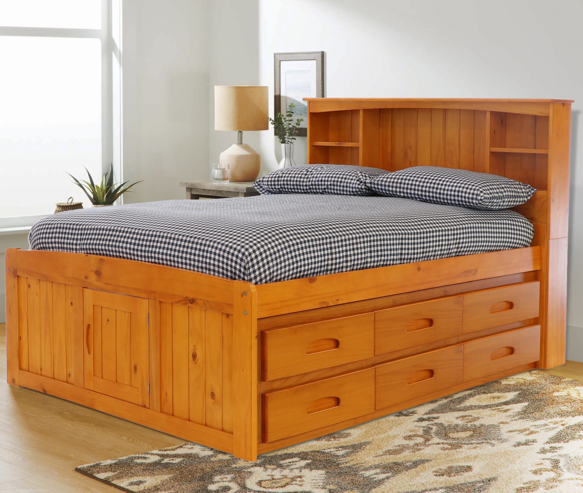 OS Home and Office Furniture Model 82121K12-22 Solid Pine Full Captains Bookcase Bed with 12 Drawers in Warm Honey