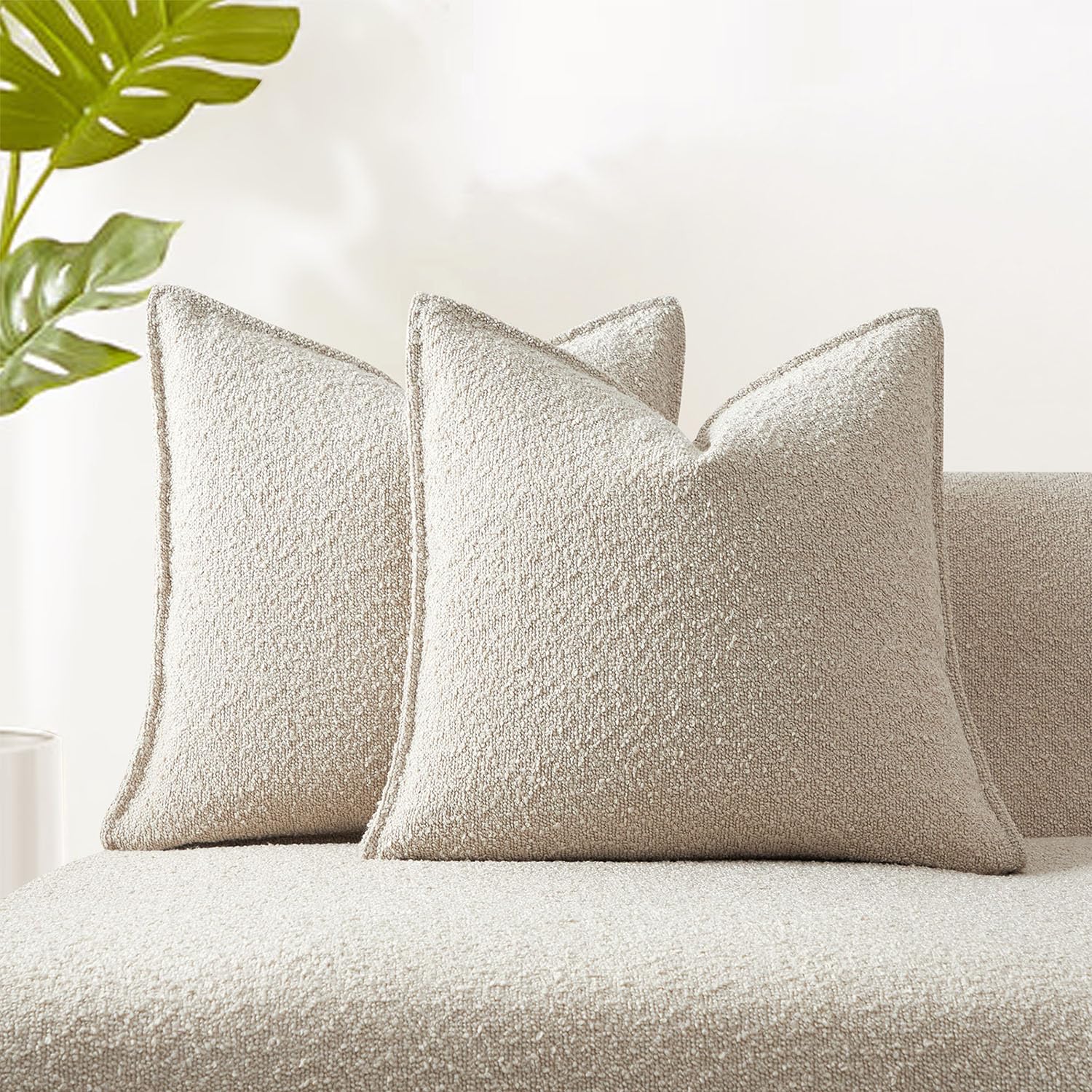 Juspurbet Beige Boucle Broadside Throw Pillow Covers 18X18 Inch Set Of 2 For Couch Bedroom Sofa Living Room Decorative Soft Text