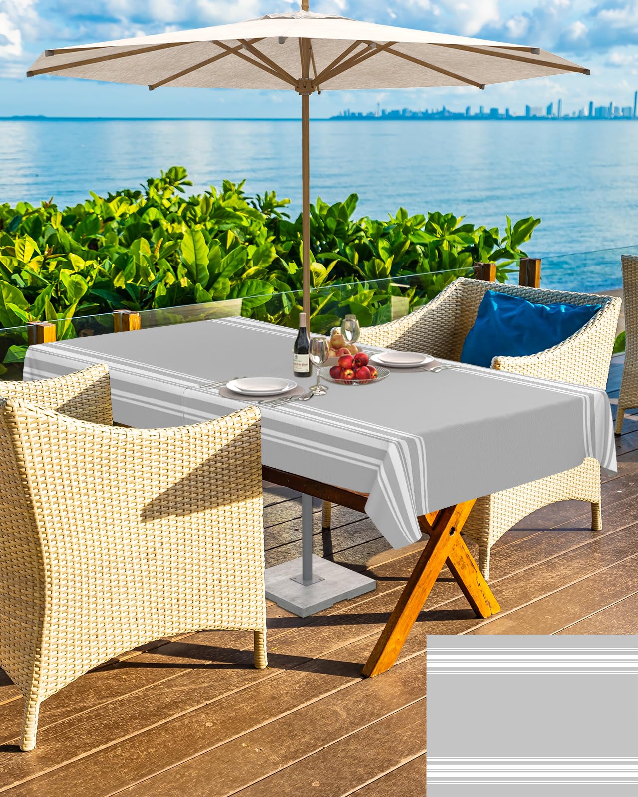 Queenker Outdoor Tablecloth With Umbrella Hole, Farmhouse Gray White Stripe Rectangle Tables Waterproof Tabletop Collection For