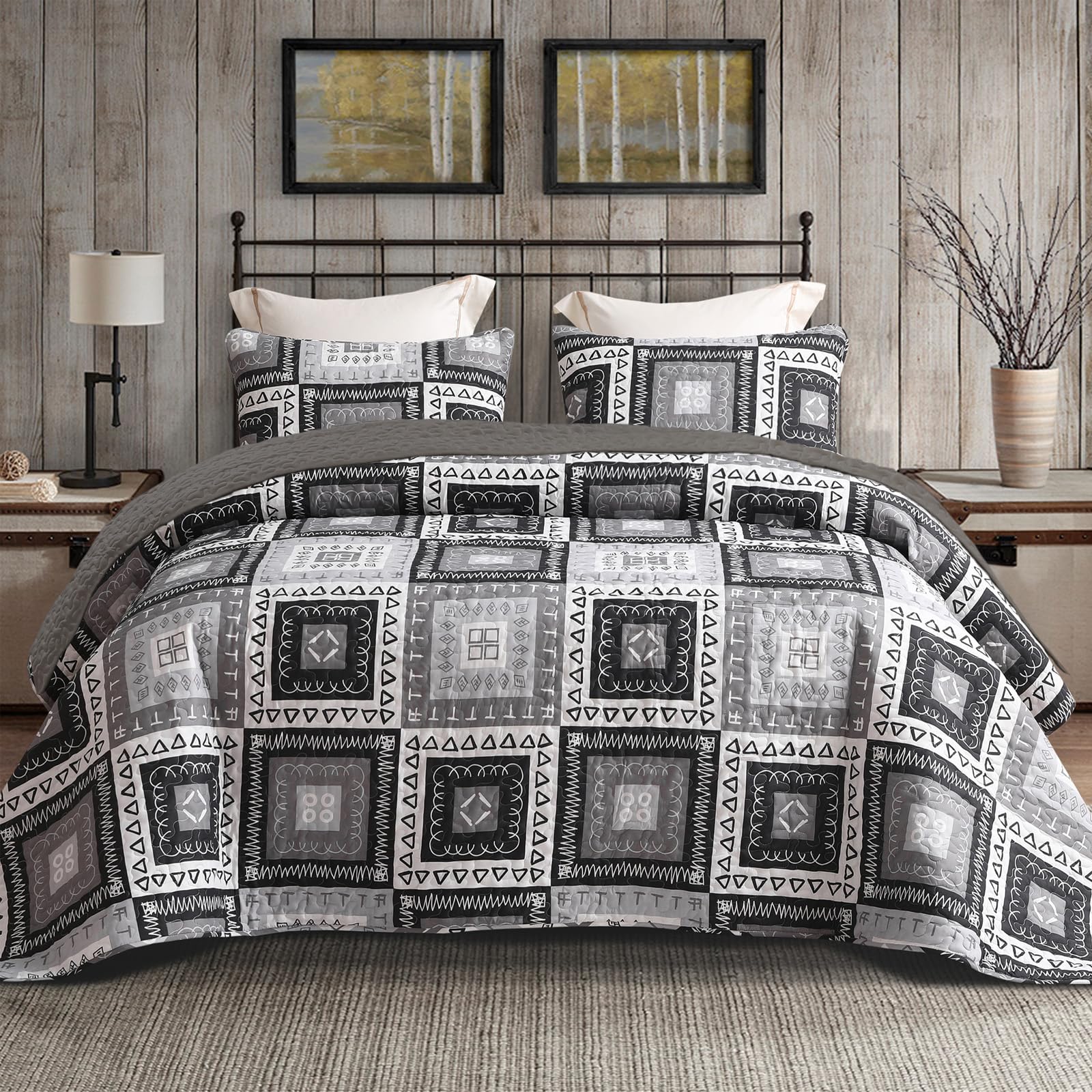 Exclusivo Mezcla Reversible Boho Quilt Set King Size, 3 Pieces Patchwork Black All Season Bedspreads, Ultra Soft Floral Coverlet