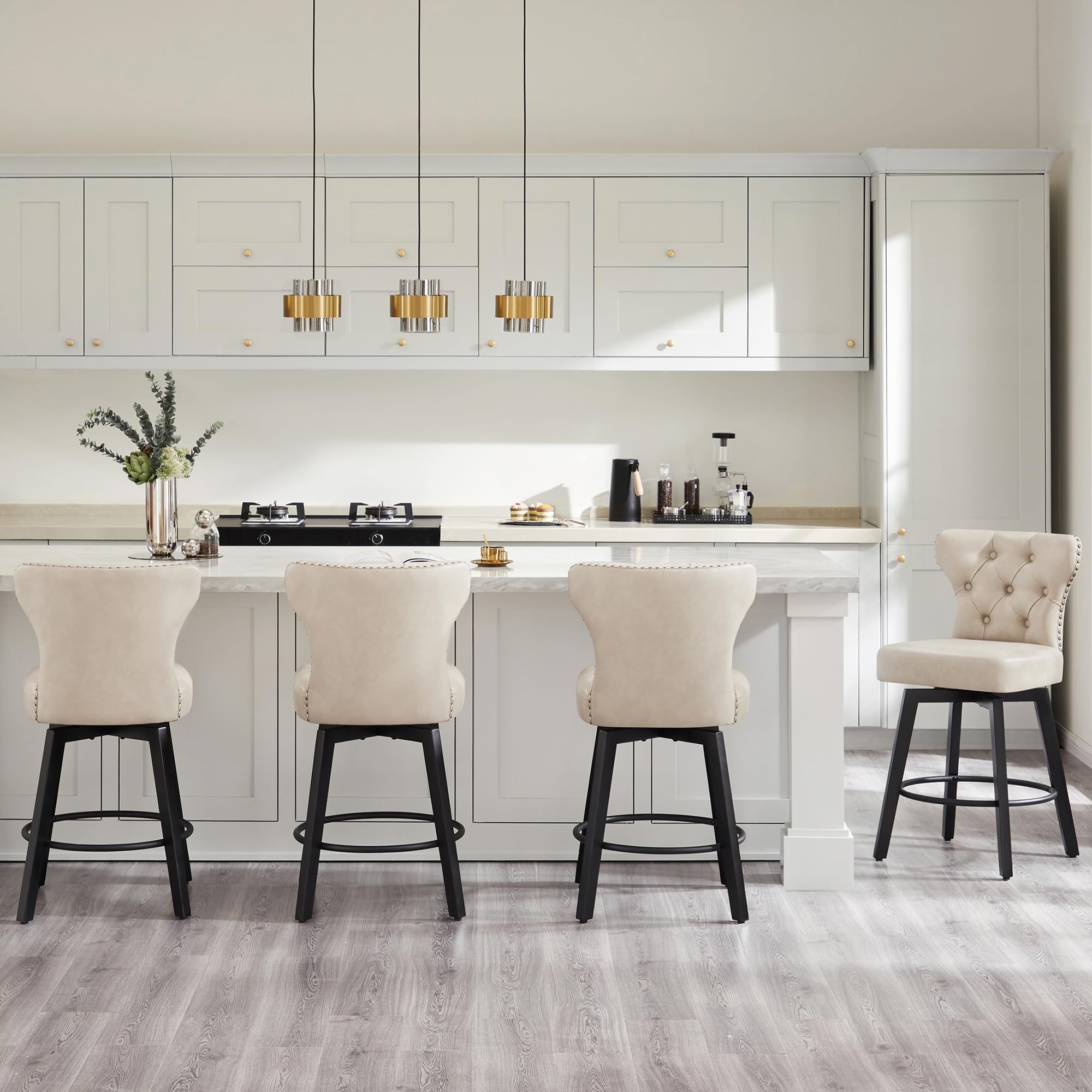 Counter Height Barstools 26 inch Upholstered Button Tufted Swivel Bar Stools with Back and Wood Legs for Kitchen Island,Set of 4